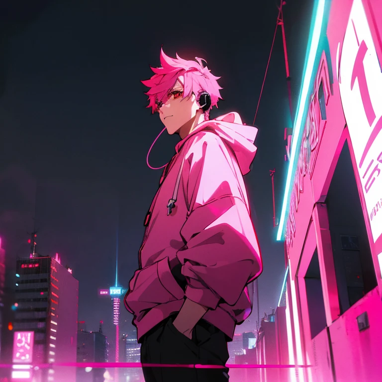 (top quality), (masterpiece), (Super detailed), (shortcut), (two block hair), (bright pink hair), (red eyes), (cool pose), (man wearing headphones), (oversized hoodie), (Street style), (neon), (modern city), (neonデイライト), (cinematic), (stylish), (High resolution), (hyper-detailed), (soft town), (Nightcore), (a handsome guy), (natural appearance of the building), (IG studio anime style), (Low - Angle), (looking at the camera), (visualize)