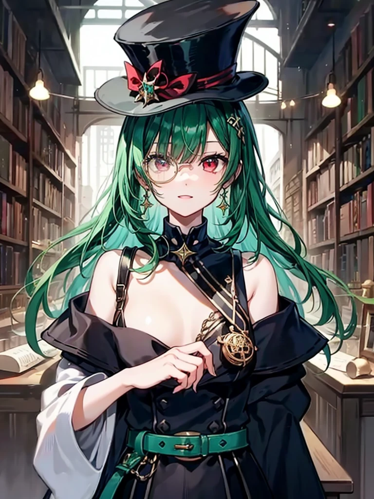 (((masterpiece、Highest image quality、highest quality、highly detailed unity 8kwallpaper)))、((Illustration of one girl、upper body))、(((beautiful girl)))、(librarian)、(Emerald green hair、messy hair、sidelocks:1.2、red eyes、crazy smile)、(((flat chest)))、(((monocle)))、pocket watch、(((Black top hat、Black tuxedo、belt)))、great medieval library、Large amount of books