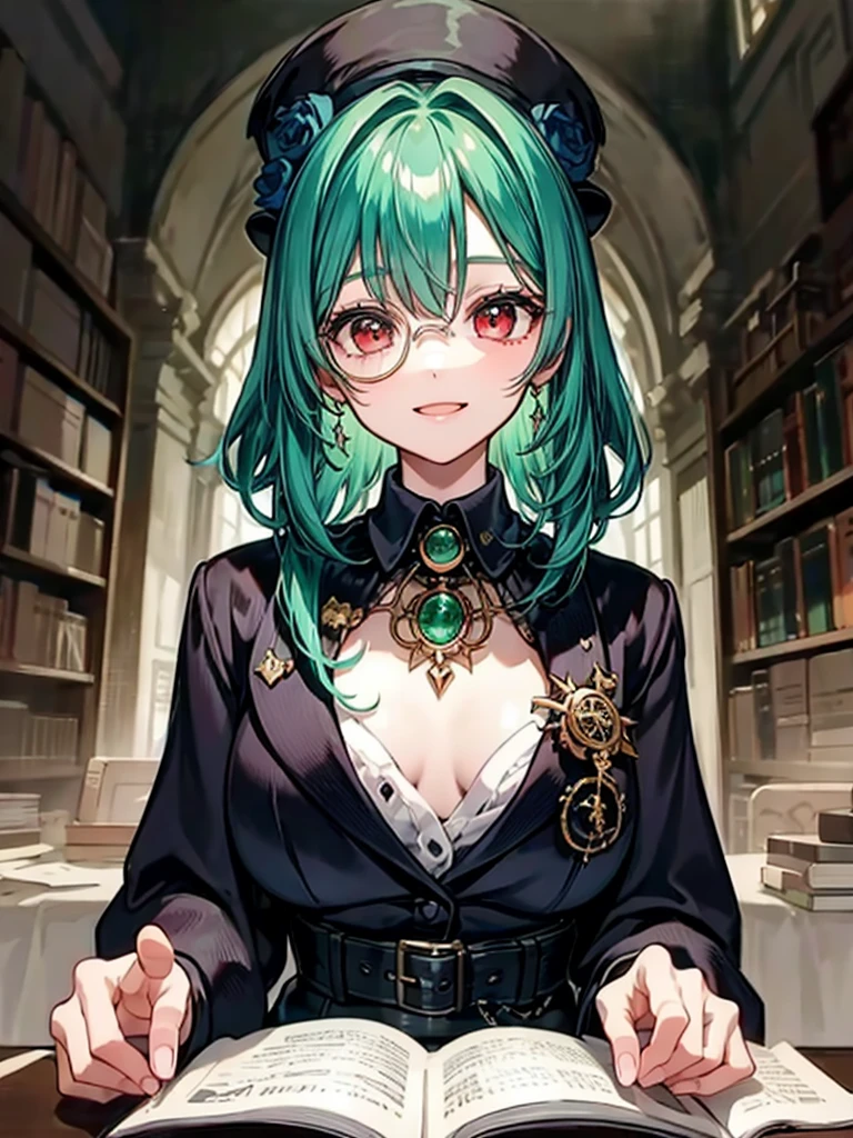 （（（masterpiece、Highest image quality、highest quality、highly detailed unity 8ｋwallpaper）））、（（Illustration of one girl、upper body））、（（（beautiful girl）））、（librarian）、（Emerald green hair、messy hair、sidelocks：1.2、red eyes、crazy smile）、（（（flat chest）））、（（（monocle）））、pocket watch、（（（Black top hat、Black tuxedo、belt）））、great medieval library、Large amount of books