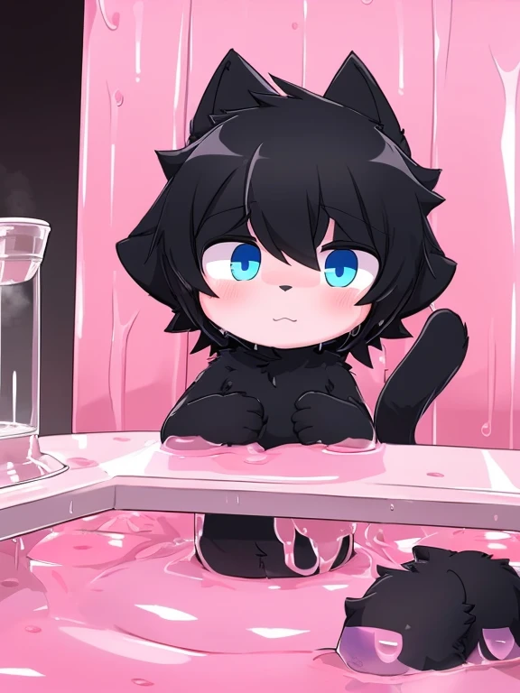 4K,8k,high resolution,masterpiece, best quality,blue eyes, hairy, alone, Wearing a pure pink slime suit, wet fur, Pink slime drowned,short tail((black cat,Shota))in laboratory,black cat贴史莱姆身上