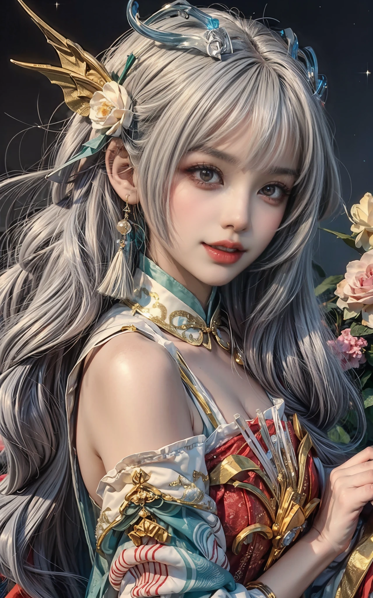 (Highest Quality: 1.4),
ung Chinese woman, solo,
Black hair, black eyes, red lips, looking at the viewer, tassels, makeup, realistic,
Hair ornaments, flowers, flowers in the hair, candles, earrings, jewelry, (Red clothing: 1.3), Chinese clothing, floral print, upper body, medium-sized breasts, off-the-shoulder,
Blurred, depth of field