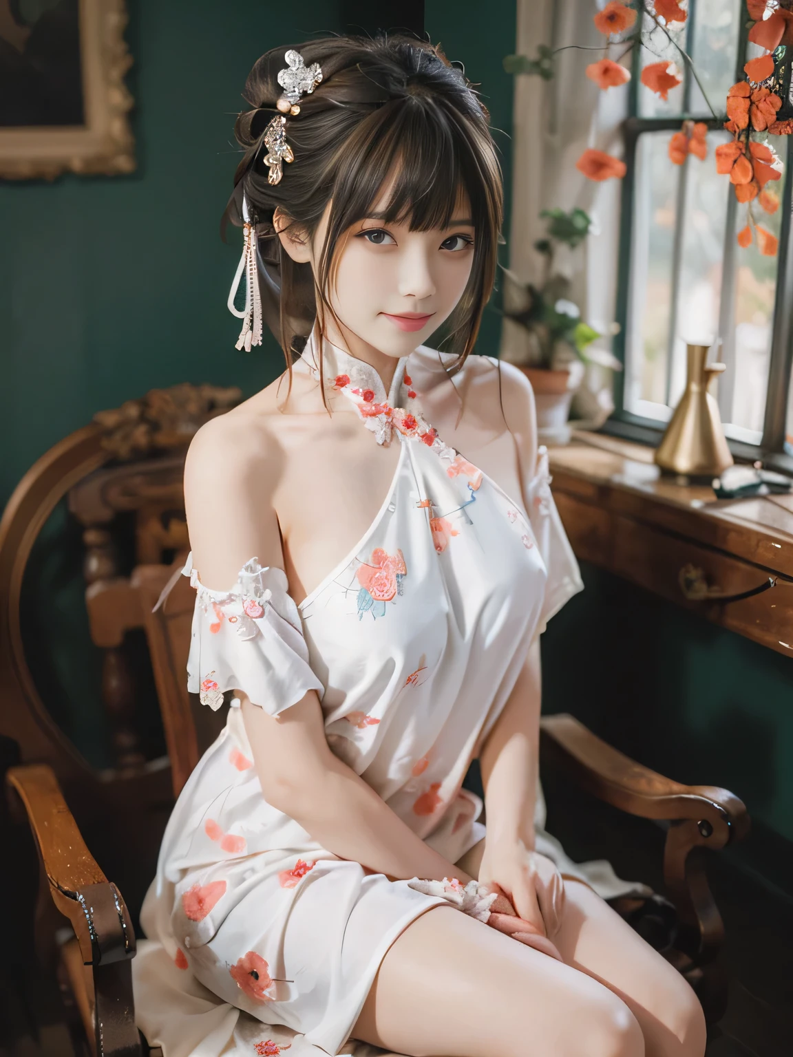 (Knee Shooting),pretty girl, sweet girl, Special clothing43,OK,cheongsam,hair accessories, In the room, Antique jewelry, sit on the chair, deck chair, cross legs, masterpiece, 最OK质量, extremely detailed description, Ultra-fine painting, delicate face, slim,grinning, sweet smile，corrected hands，，plump thighs