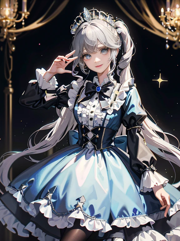 dramatic composition, coat style dress, royal, nice, カスケードfrills, frills, bow, crystal chandelier, roman curly hairstyle, ponette, double ponytail like a drill, look at the camera, bangs, maximalism, palace background, Delicate depiction of hair and eyes, princess dress, nice skirts, flowers in hand, smile, Eyes like the starry sky, cinematic light, extreme detail, High resolution, happy girl, very long hair, diamond, broken diamond, crystal shards, particles of light