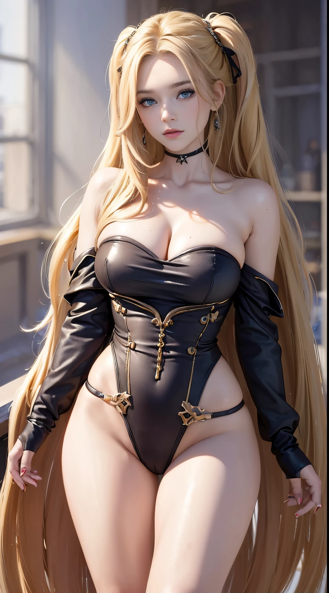 ((Best Quality, 8K, Masterpiece: 1.3)), Girl, Beautiful Woman (Long Hair, Large: 1.3),highest quality, 1 girl, solo, paint splatters,looking at the viewer, head tilt, blonde, blue eyes, Female body thick thighs, off shoulder