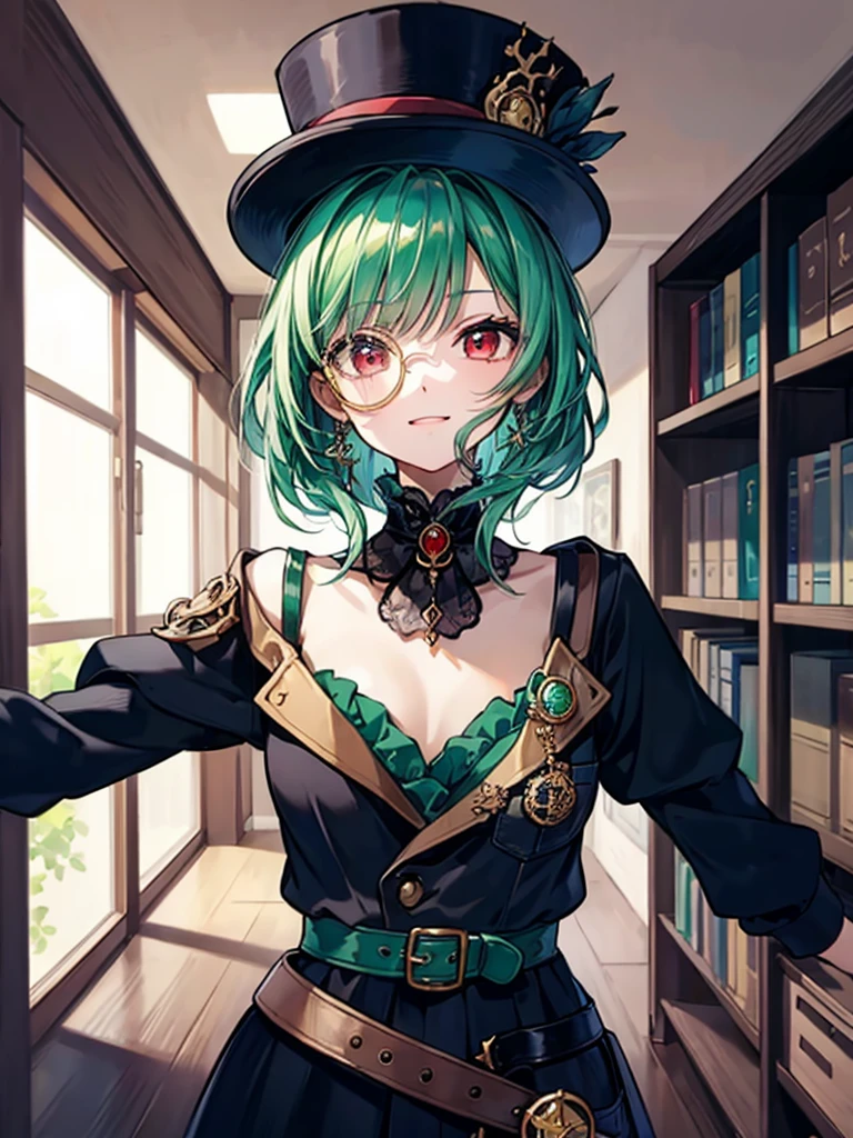(((masterpiece、Highest image quality、highest quality、highly detailed unity 8kwallpaper)))、((Illustration of one girl、upper body))、(((beautiful girl)))、(librarian)、(Emerald green hair、messy hair、sidelocks:1.2、red eyes、crazy smile)、(((flat chest)))、(((monocle)))、pocket watch、(((Black top hat、Black tuxedo、belt)))、great medieval library、Large amount of books