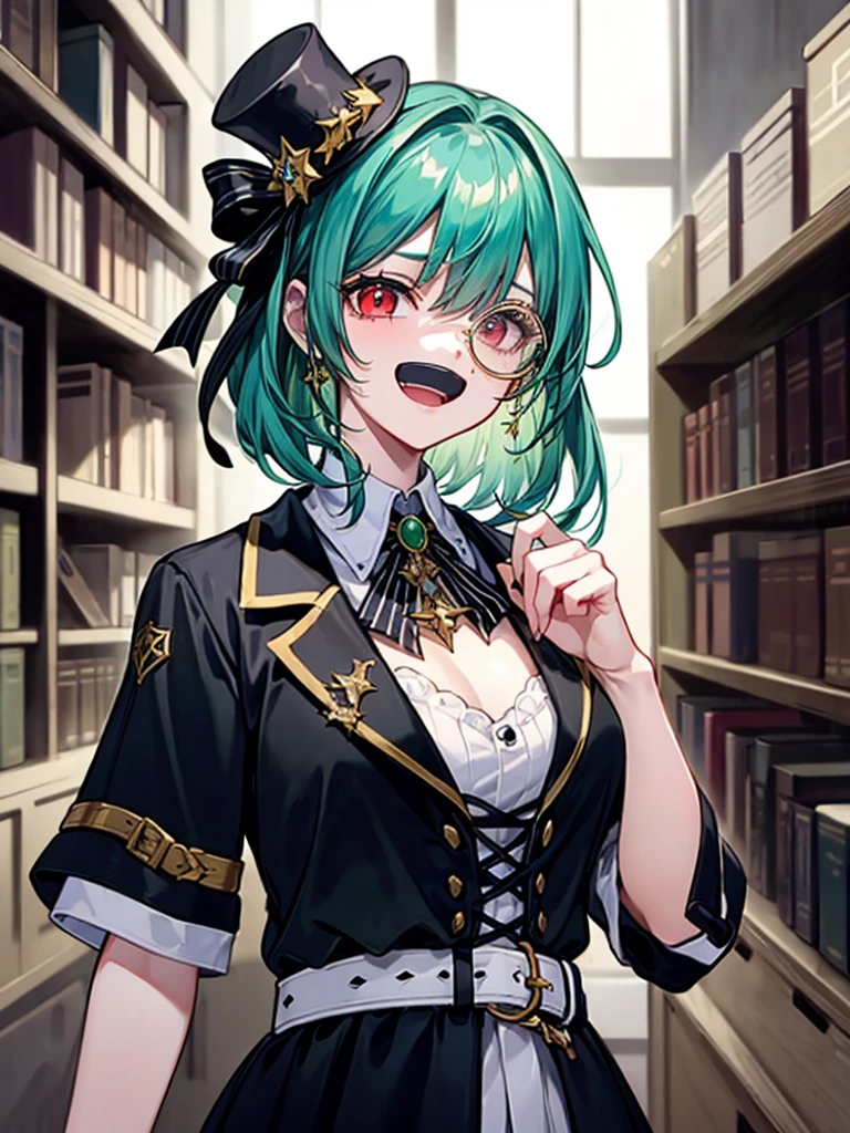 (((masterpiece、Highest image quality、highest quality、highly detailed unity 8kwallpaper)))、((Illustration of one girl、upper body))、(((beautiful girl)))、(librarian)、(Emerald green hair、messy hair、sidelocks:1.2、red eyes、crazy smile)、(((flat chest)))、(((monocle)))、pocket watch、(((Black top hat、Black tuxedo)))、great medieval library、Large amount of books