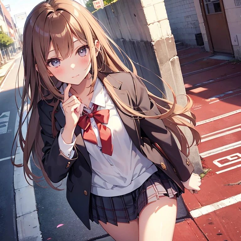  (((Ultra-small miniskirt:1.4))),(masterpiece:1.3, top-quality), ultra high res, ultra detailed, (realistic, photorealistic:1.4), beautiful illustration, perfect lighting, colorful, depth of fields, 
looking at viewer, (face focus, upper body), 1 girl, 独奏, hight school girl, gravure model, (large breasts:0.8, large ass, seductive thighs, skindentation),
(long hair:1.2, straight hair:1.2, hair intakes, Bronze hair), asymmetrical bangs, (brown) eyes, drooping eyes, big eyes, shiny skin, 
beautiful hair, beautiful face, extremely detailed face, beautiful detailed eyes, beautiful clavicle, beautiful body, beautiful chest, beautiful thigh, beautiful legs, beautiful fingers, 
(detailed cloth texture, navy knit vest, collared short sleeve white shirt, grey plaid pleated skirt, grey plaid tie), black socks, white panties, black school bag,
(beautiful scenery), evening, (downtown, ), squatting, (lovely smile. upper eyes),