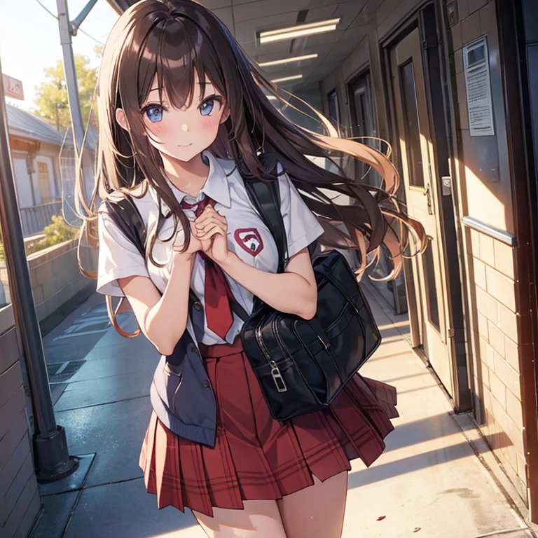High school girl passing a heart-shaped box with both hands in a school hallway
