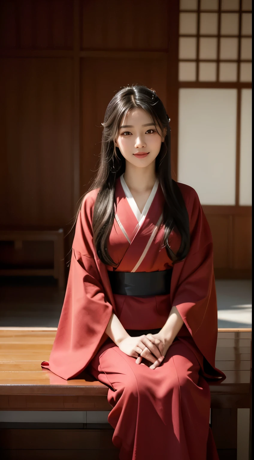 Foto hiperrealista en primer plano de Kim Ji-soo from Korea, masterpiece, best quality, (photorealistic:1.4), full body, in red kimono, inside a Korean teahouse, , cinematic light, beautiful woman, skinny, black long hair, detailed face, smile, facing the camera, photo taken from a distance, age of 25 years old
