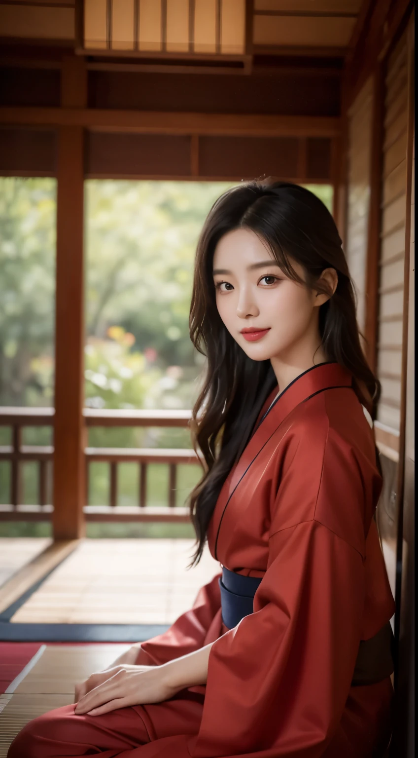 Foto hiperrealista en primer plano de Kim Ji-soo from Korea, masterpiece, best quality, (photorealistic:1.4), full body, in red kimono, inside a Korean teahouse, , cinematic light, beautiful woman, skinny, black long hair, detailed face, smile, facing the camera, photo taken from a distance, age of 25 years old