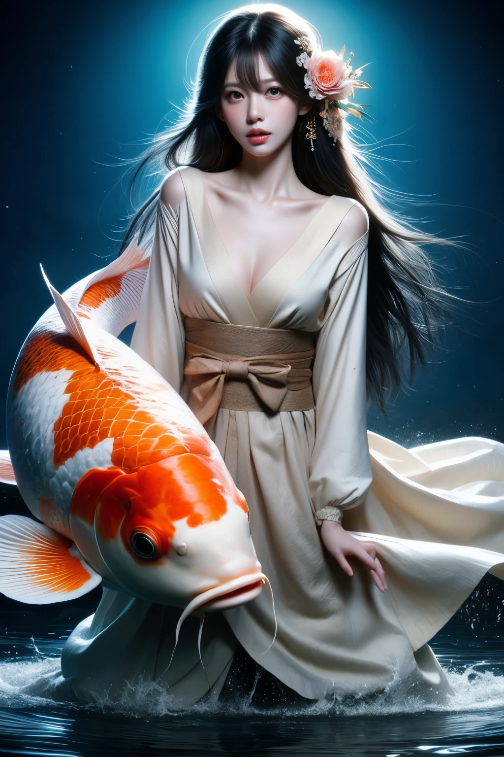 1girl, Woman focus, breasts, cowboy shot, Riding on the carpï¼
hair ornament, flower,studio light,side light,
big koi, solo, looking at viewer,