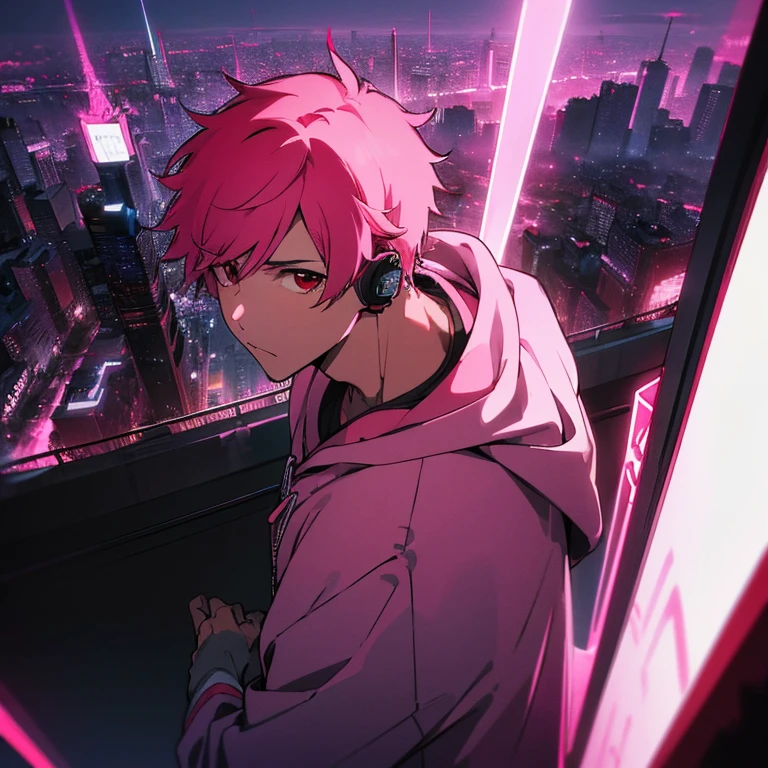 (top quality), (masterpiece), (Super detailed), (shortcut), (two block hair), (bright pink hair), (red eyes), (cool pose), (man wearing headphones), (oversized hoodie), (Street style), (neon), (modern city), (neonデイライト), (cinematic), (stylish), (High resolution), (hyper-detailed), (soft town), (Nightcore), (a handsome guy), (natural appearance of the building), (IG studio anime style), (Low - Angle), (looking at the camera), (visualize)