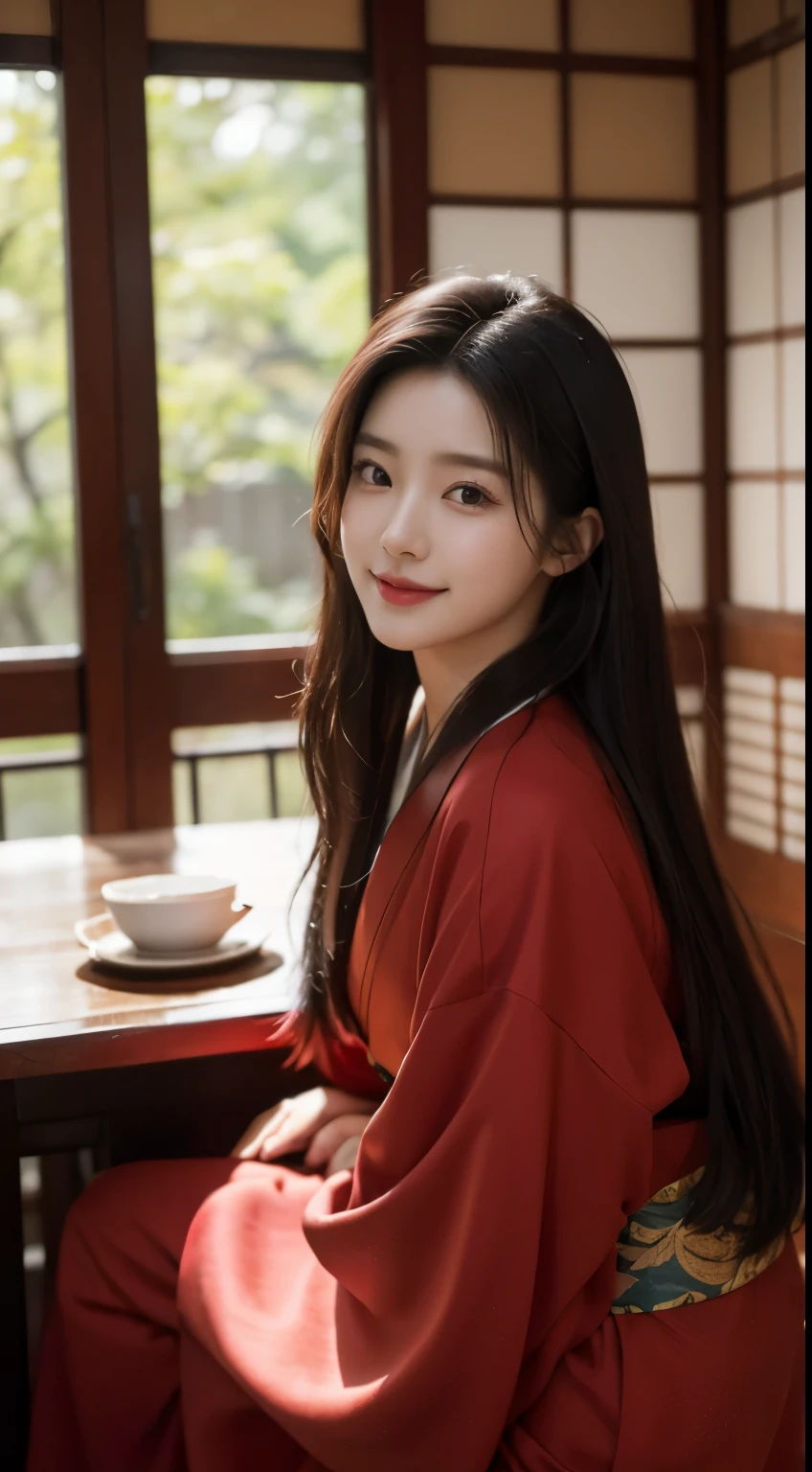 Foto hiperrealista en primer plano de Kim Ji-soo from Korea, masterpiece, best quality, (photorealistic:1.4), full body, in red kimono, inside a Korean teahouse, , cinematic light, beautiful woman, skinny, black long hair, detailed face, smile, facing the camera, photo taken from a distance, age of 25 years old