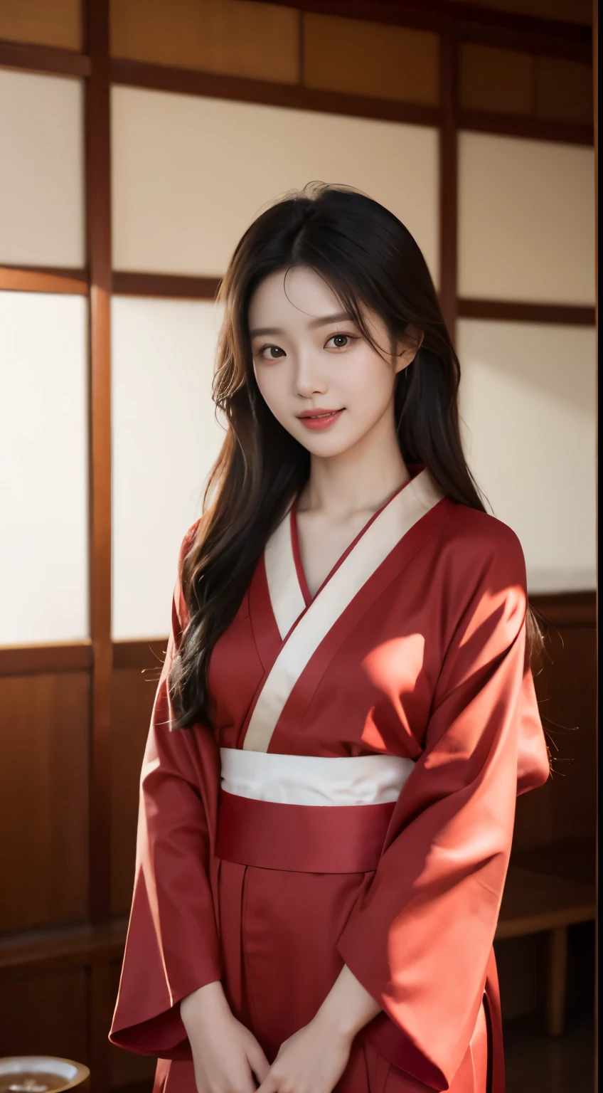Foto hiperrealista en primer plano de Kim Ji-soo from Korea, masterpiece, best quality, (photorealistic:1.4), full body, in red kimono, inside a Korean teahouse, , cinematic light, beautiful woman, skinny, black long hair, detailed face, smile, facing the camera, photo taken from a distance, age of 25 years old