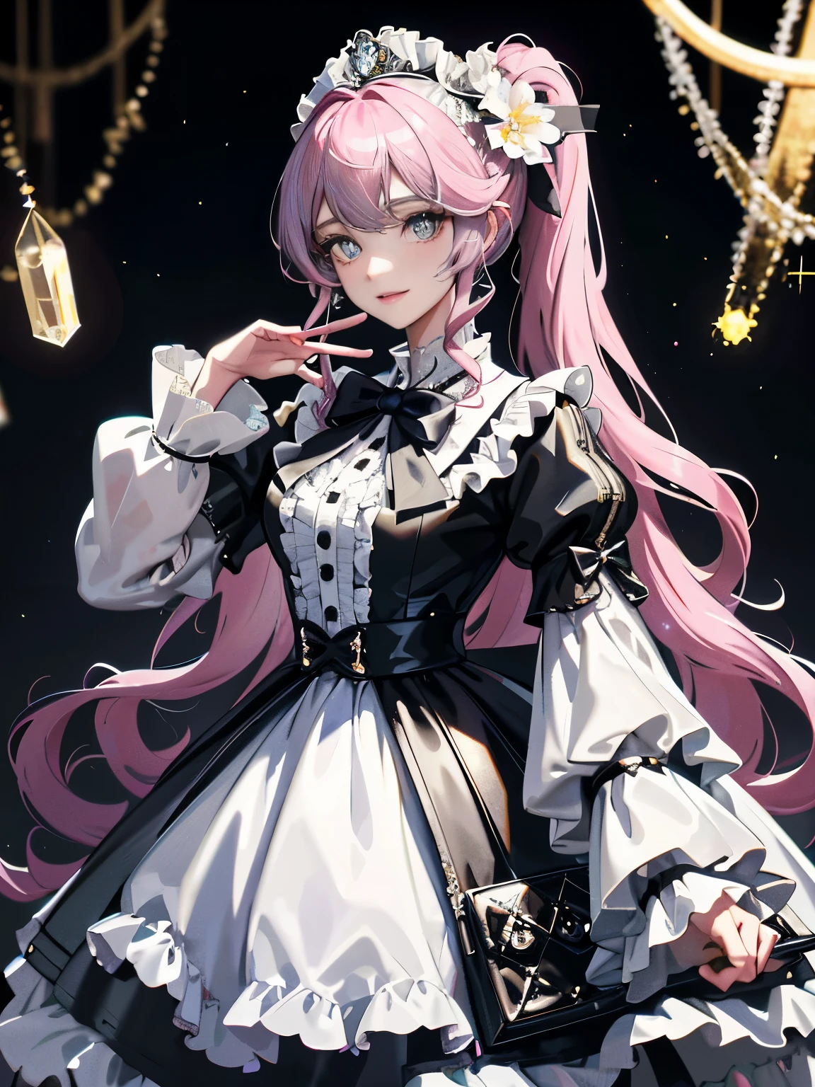 dramatic composition, coat style dress, royal, nice, カスケードfrills, frills, bow, crystal chandelier, roman curly hairstyle, ponette, double ponytail like a drill, look at the camera, bangs, maximalism, palace background, Delicate depiction of hair and eyes, princess dress, nice skirts, flowers in hand, smile, Eyes like the starry sky, cinematic light, extreme detail, High resolution, happy girl, very long hair, diamond, broken diamond, crystal shards, particles of light