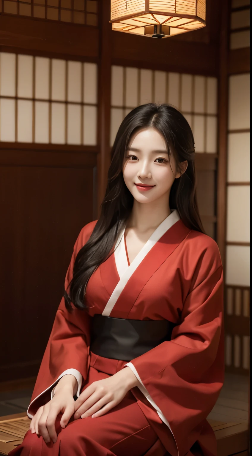 Foto hiperrealista en primer plano de Kim Ji-soo from Korea, masterpiece, best quality, (photorealistic:1.4), full body, in red kimono, inside a Korean teahouse, , cinematic light, beautiful woman, skinny, black long hair, detailed face, smile, facing the camera, photo taken from a distance, age of 25 years old