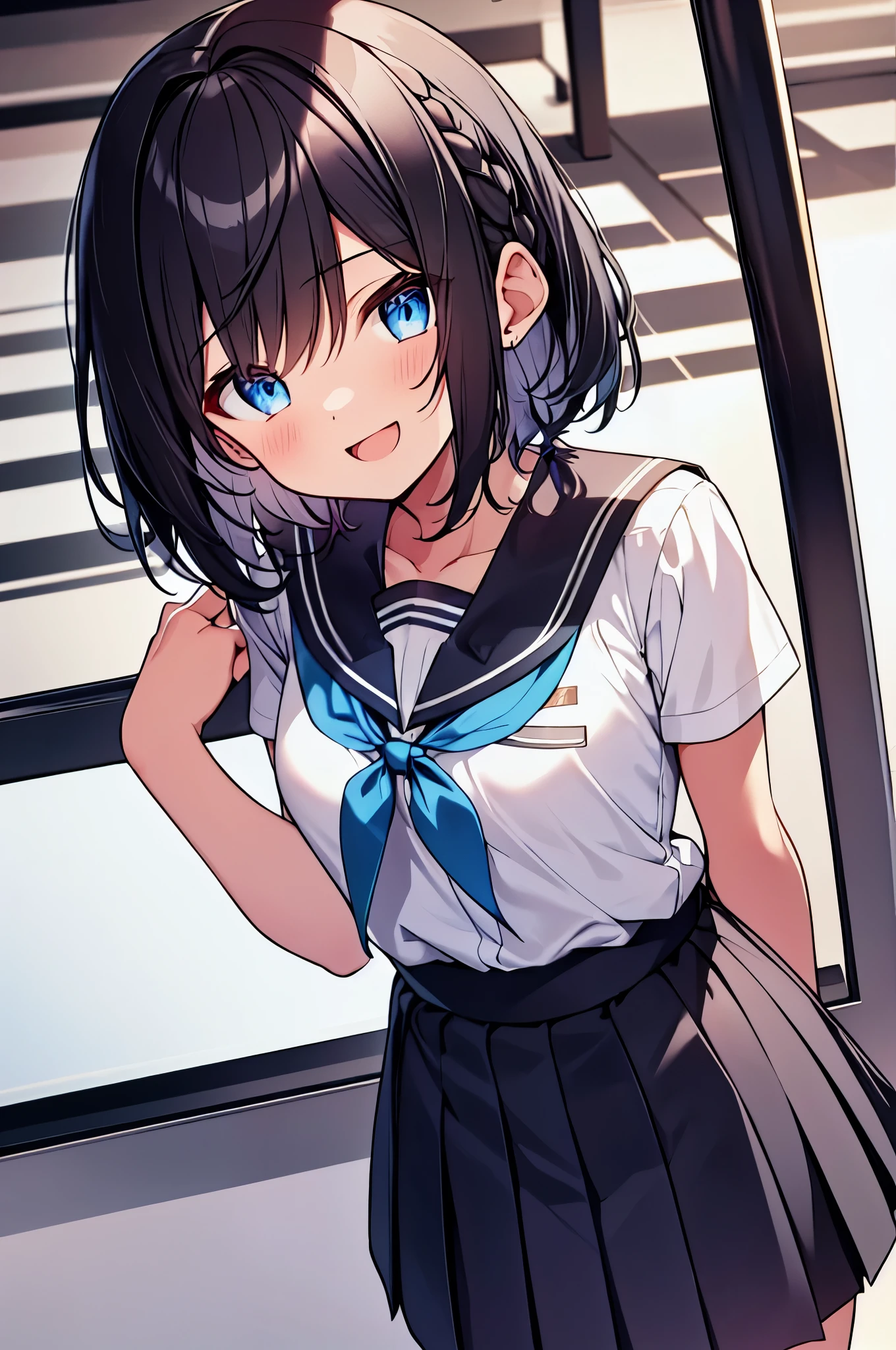 table top, highest quality,figure, wallpaper, ultra detail, 1 girl,alone,beautiful and fine eyes,Very thick contour lines、Medium short-Cut Hair、short, braided hair、skirt、(school uniform)、Dark hair color、Open mouth and big smile、Kamimei、Angle where the whole body can be seen、overhead view angle:1.2、small head、ample breasts