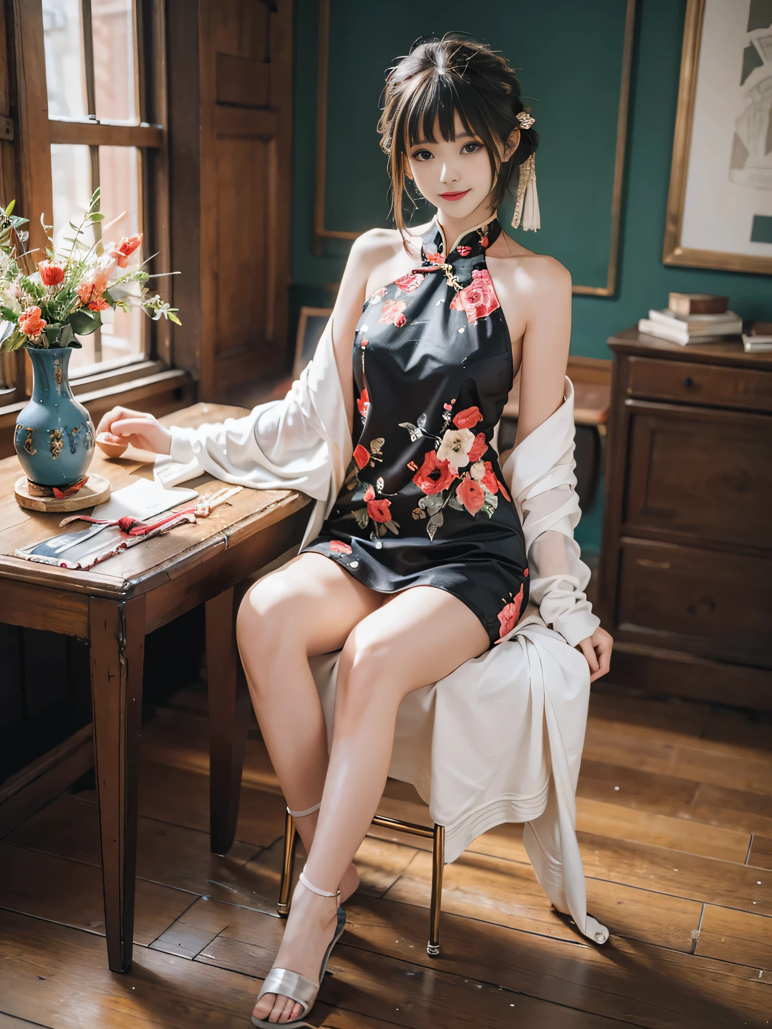 (Knee Shooting),pretty girl, Young female model, sweet girl, Special clothing43,OK,cheongsam,hair accessories, In the room, Antique jewelry, sit on the chair, deck chair, cross legs, masterpiece, 最OK质量, extremely detailed description, Ultra-fine painting, delicate face, slim,grinning, bright smile