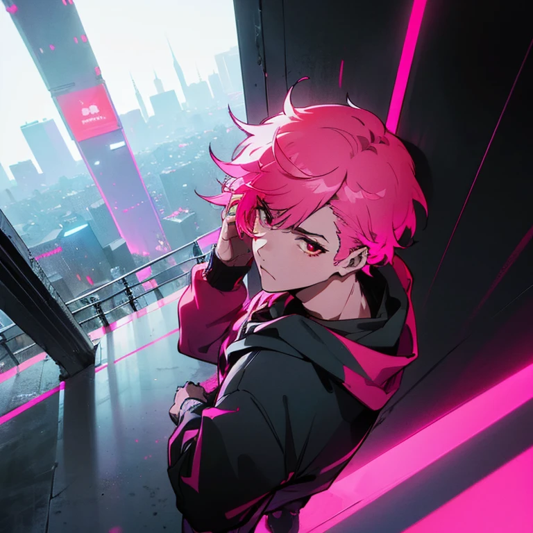 (top quality), (masterpiece), (Super detailed), (shortcut), (two block hair), (bright pink hair), (red eyes), (cool pose), (man wearing headphones), (oversized hoodie), (Street style), (neon), (modern city), (neonデイライト), (cinematic), (stylish), (High resolution), (hyper-detailed), (soft town), (Nightcore), (a handsome guy), (natural appearance of the building), (IG studio anime style), (Low - Angle), (looking at the camera), (visualize)