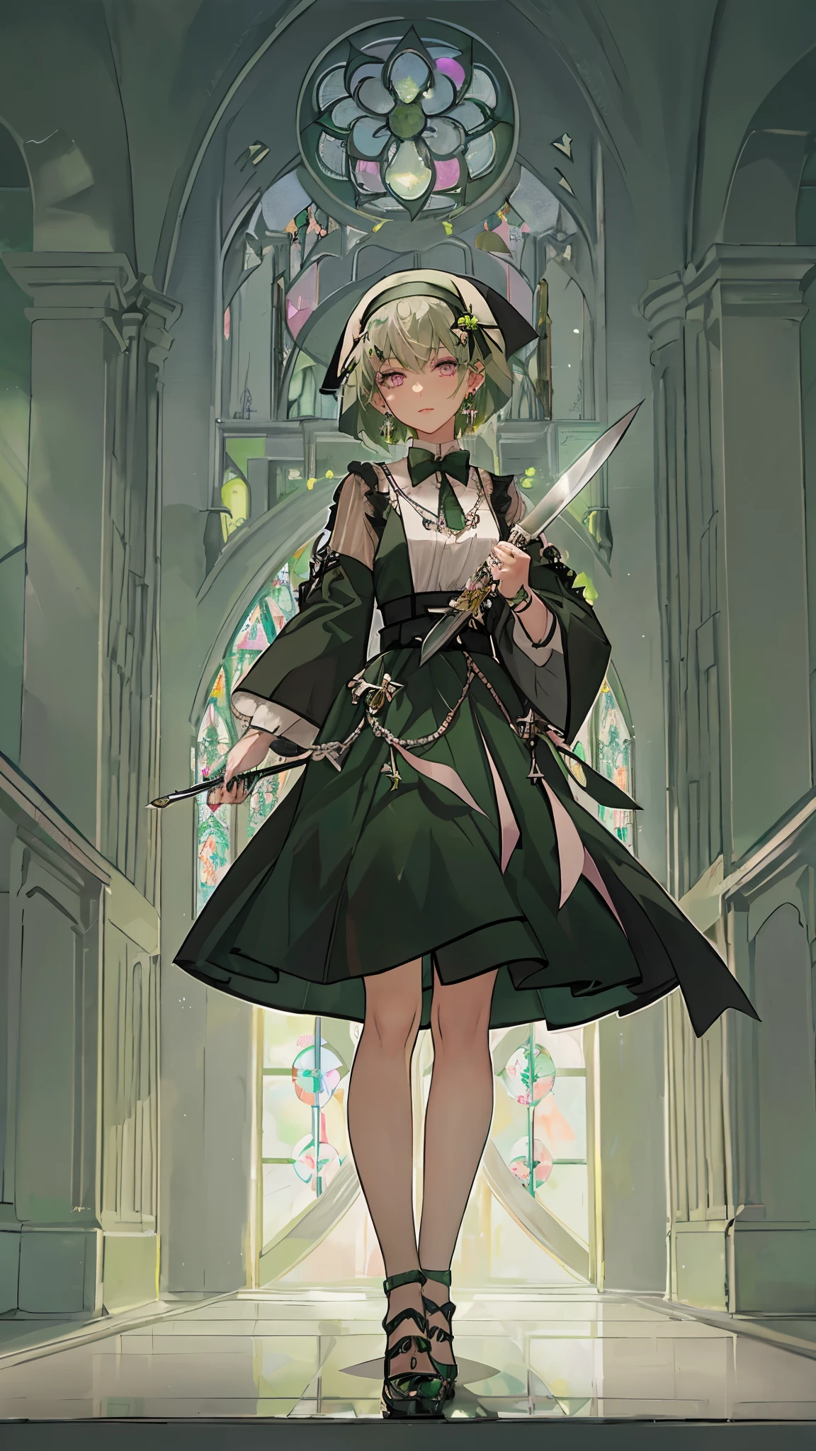 Gray green light green short hair,close up,dream world,Sisters of the nuns, Long gray-green hair,Nice pink eyes,abbey,pray,tear nevus,earrings,(earrings,Holding a short knife),necklace,bow tie,humanoid, Church background, her skin is white, fair complexion,pink eyes,Gray green short hair, flat shoes,