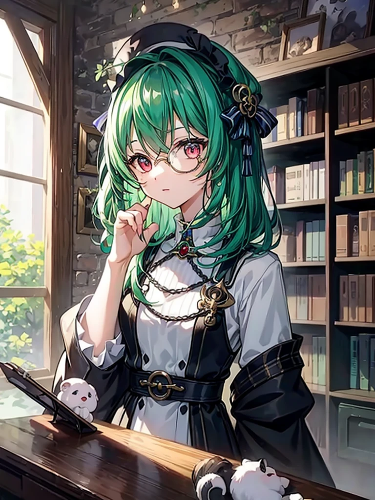 （（（masterpiece、Highest image quality、highest quality、highly detailed unity 8ｋwallpaper）））、（（Illustration of one girl、upper body））、（（（beautiful girl）））、（librarian）、（Emerald green hair、messy hair、sidelocks：1.2、red eyes、crazy smile）、（（（flat chest）））、（（（monocle）））、pocket watch、（（（Black top hat、Black tuxedo、belt）））、great medieval library、Large amount of books