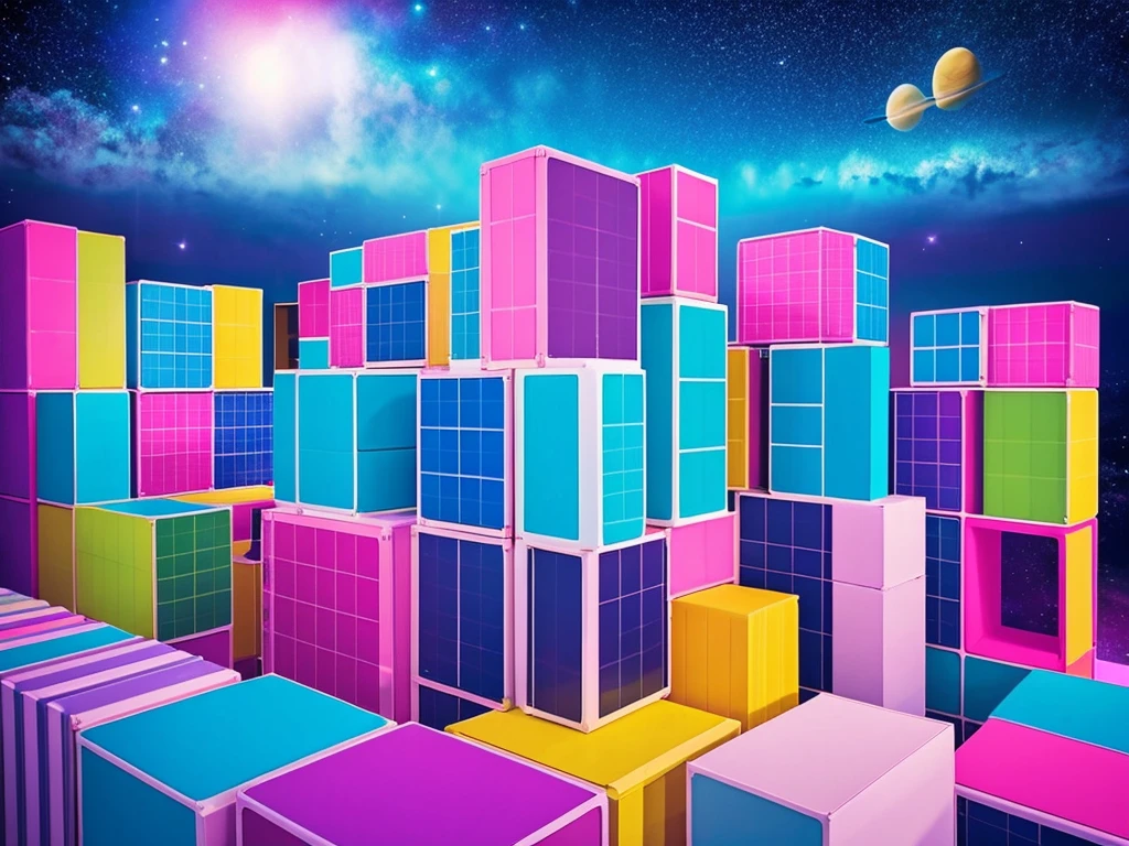 Space with randomly stacked square boxes like towers, colors: pink, blue, yellow, 3D image, high quality image.