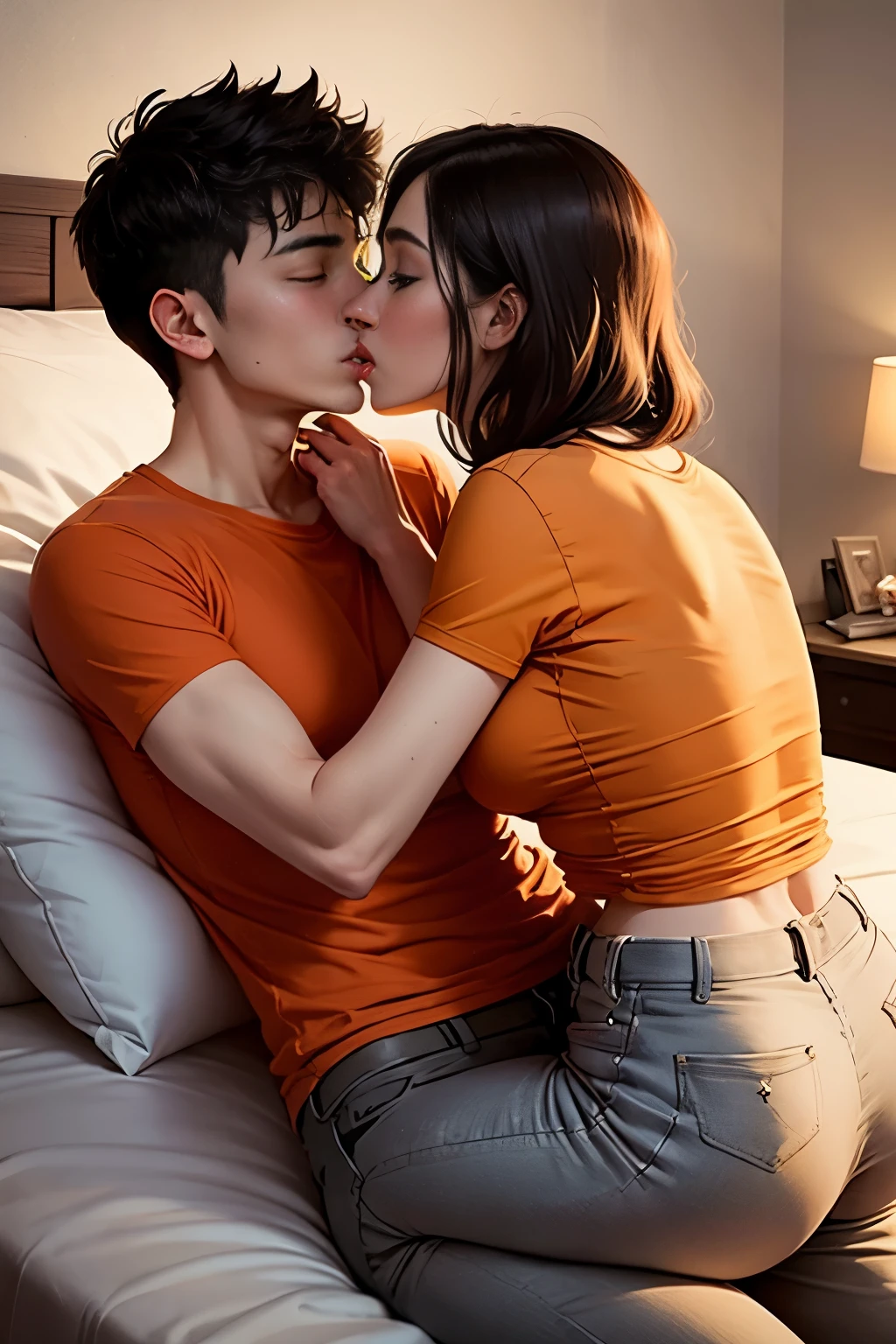 Concept art,love themes,illustrations,1boy,1girl,kiss,hetero,brown hair,closed eyes,topless male,blush,black hair,pajamas,blue pants,long hair,sitting,collarbone,pants,couple,indoors,medium hair,blurry,shirt,hand on another's shoulder,long sleeves,hand on another's chest,short hair,