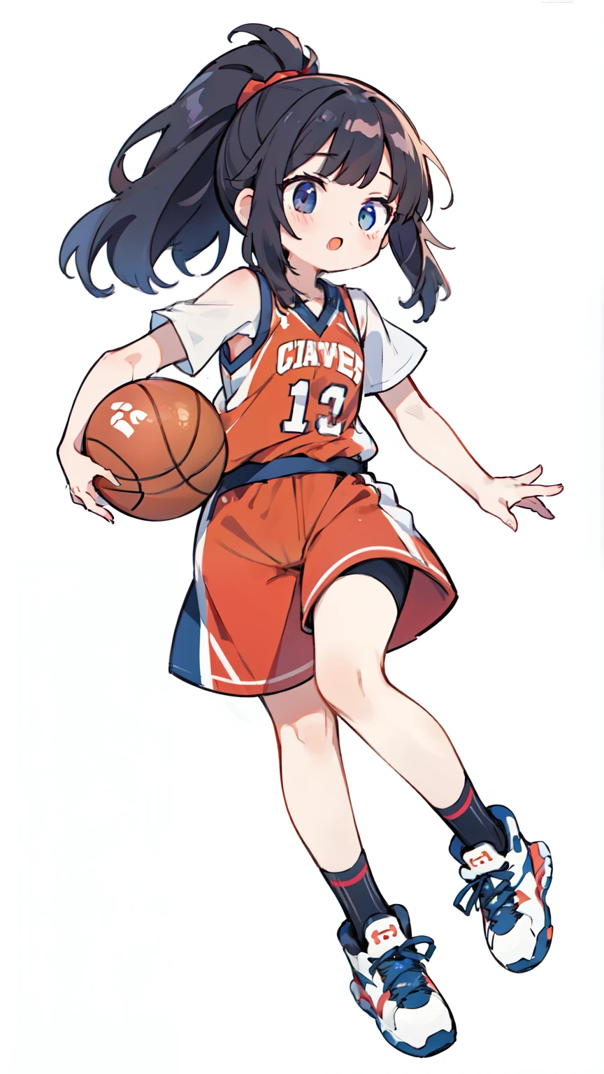 line art,Monotonous fill、6headed body、whole body、white background、Thicker lines、girl playing basketball