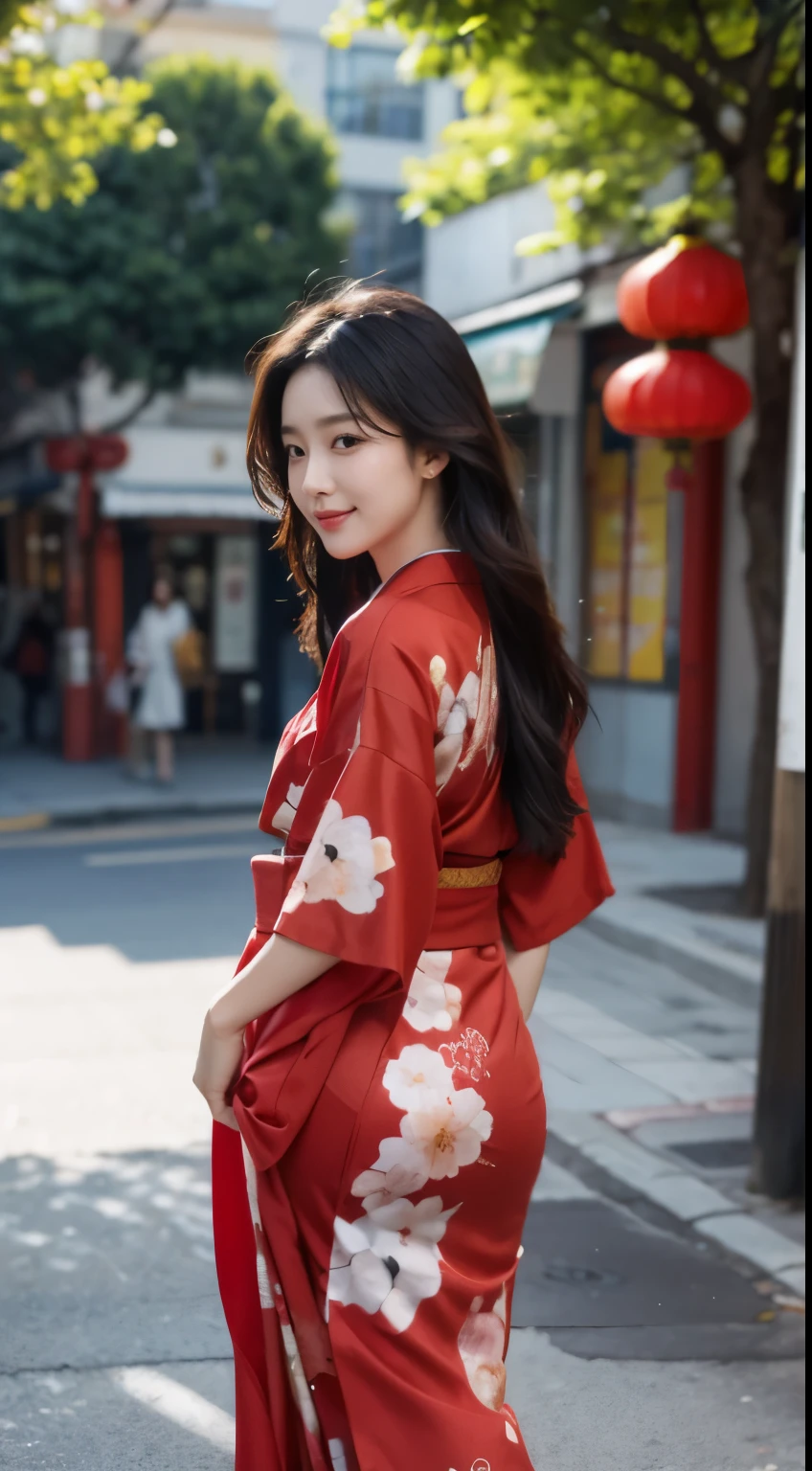 Foto hiperrealista en primer plano de Kim Ji-soo from Korea, masterpiece, best quality, (photorealistic:1.4), full body, in red kimono, China Town, sunny day, cinematic light, beautiful woman, skinny, black long hair, detailed face, smile, facing the camera, photo taken from a distance, age of 25 years old, she walks away, her butt is visible