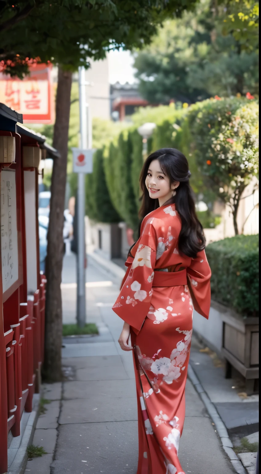 Foto hiperrealista en primer plano de Kim Ji-soo from Korea, masterpiece, best quality, (photorealistic:1.4), full body, in red kimono, China Town, sunny day, cinematic light, beautiful woman, skinny, black long hair, detailed face, smile, facing the camera, photo taken from a distance, age of 25 years old, she walks away, her butt is visible