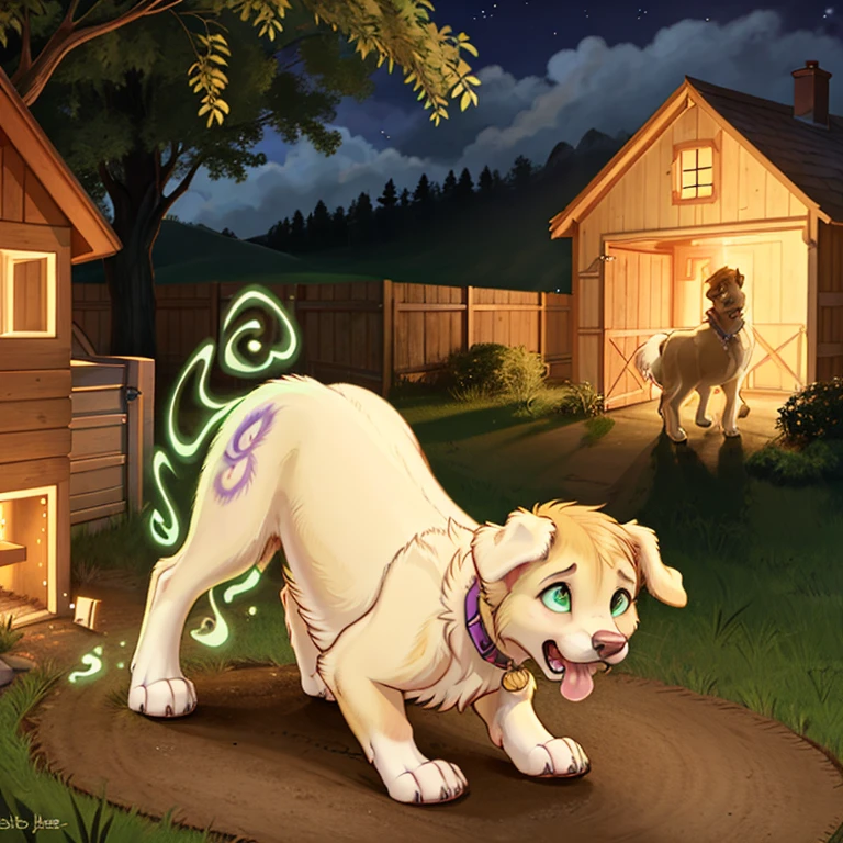 shocked feral Female Golden retriever with White fur wearing purple collar and glowing Green eyes standing on all fours there are some traces of magic floating around her she is outside near the doghouse in the background there is a house and a stable