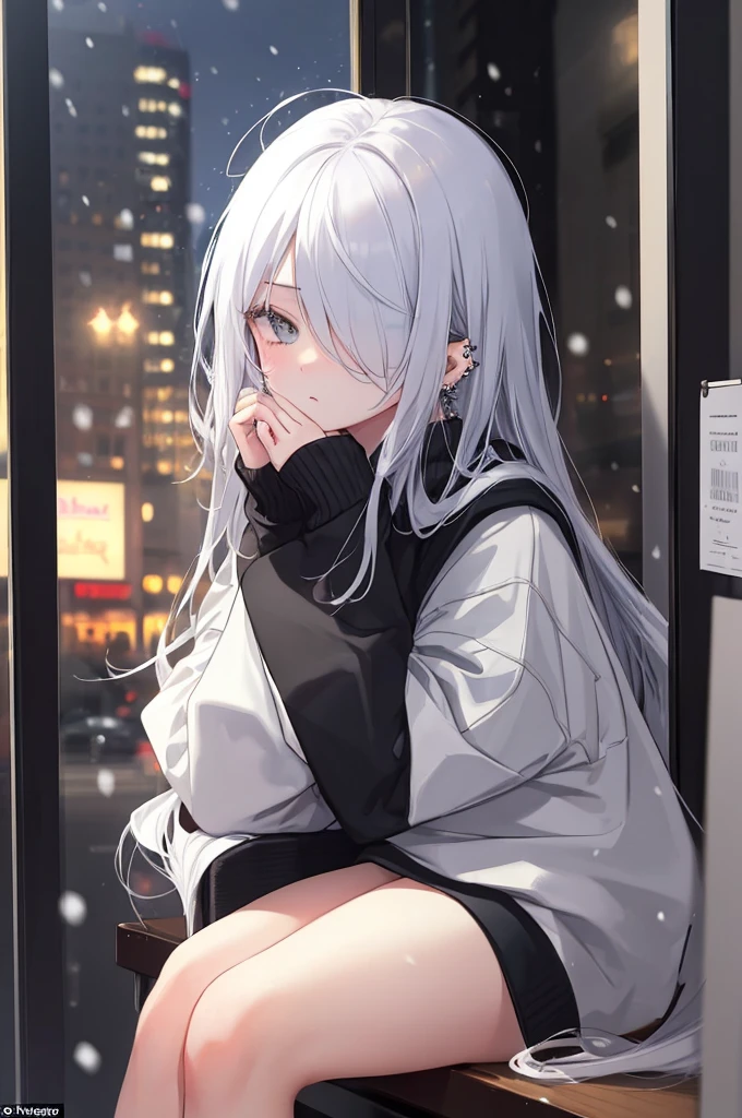 ((masterpiece:1.4, best quality:1.2)), 1girl, solo focus, beautiful skin, blush, black sweatshirt, long white hair, grey eyes, sitting, earrings, Hands on face, piercing, coffee shop window, night, snowing, cityscape, tall female, beautiful and delicate female, comfy ambience, {correct posing}, {detailed background}, I'm not wearing panties, hair over one eye, shy, Not wearing underwear, sexy