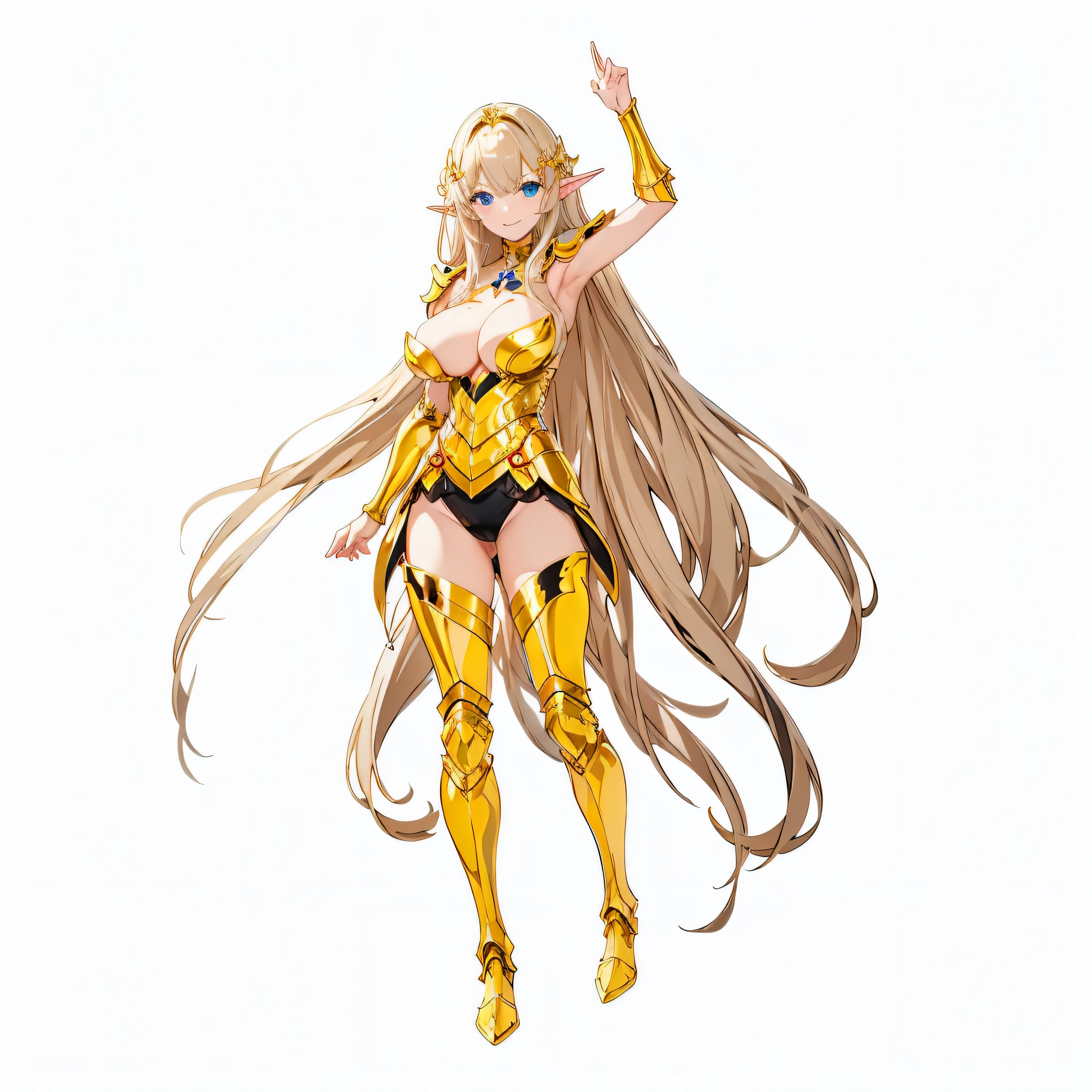 masterpiece、highest quality、very detailed、High resolution、16k、Thin contours、I can see the nipples、chest proportions、elfの女の子、golden armor shines、Sheer white skirt、black pants、very white skin、beautiful fingers、Anime girl very big breasts naked pose、perfect style、elf、No bra、blonde blue eyes、cool smile