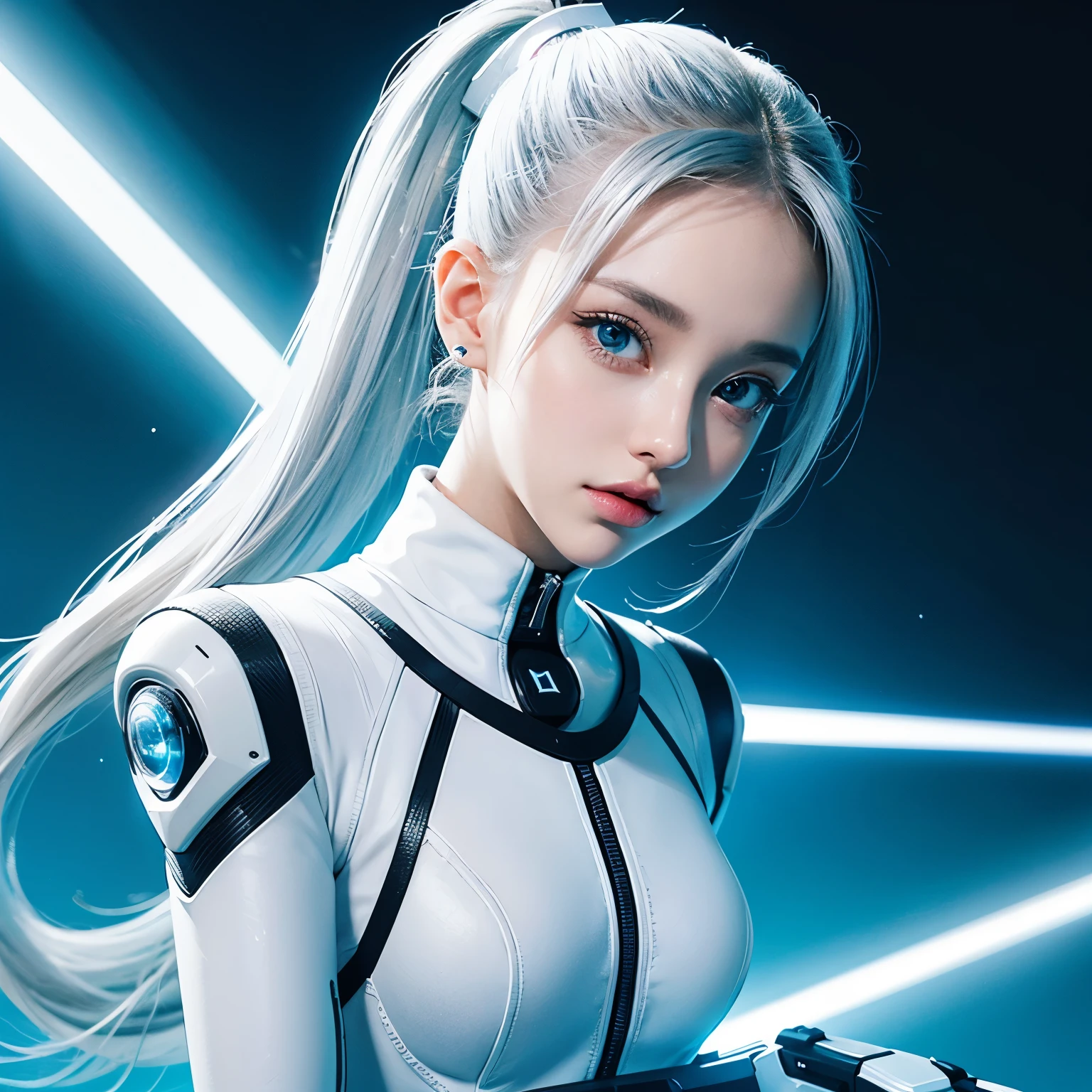 Full body cyber girl with a ponytail. Ariana Grande's face. Bright white color to show she's a cyber girl whit laser rifle. white eyebrows. clothing like catsuit. She also has bright blue eyes. The environment is terminator like. Hair is platina. She is lit with the bright blue color on one side of her face. Led like.  And both hands have the led light too.