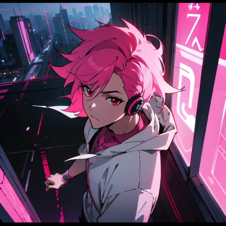 (top quality), (masterpiece), (Super detailed), (shortcut), (two block hair), (bright pink hair), (red eyes), (cool pose), (man wearing headphones), (oversized hoodie), (Street style), (neon), (modern city), (neonデイライト), (cinematic), (stylish), (High resolution), (hyper-detailed), (soft town), (Nightcore), (a handsome guy), (natural appearance of the building), (IG studio anime style), (Low - Angle), (looking at the camera), (visualize)