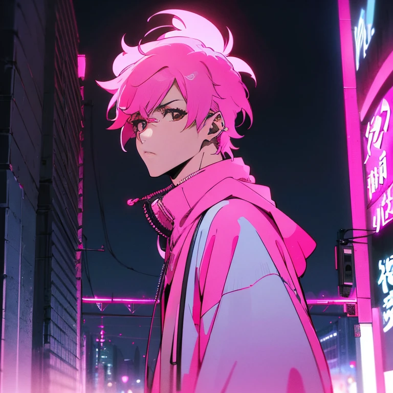 (top quality), (masterpiece), (Super detailed), (shortcut), (two block hair), (bright pink hair), (red eyes), (cool pose), (man wearing headphones), (oversized hoodie), (Street style), (neon), (modern city), (neonデイライト), (cinematic), (stylish), (High resolution), (hyper-detailed), (soft town), (Nightcore), (a handsome guy), (natural appearance of the building), (IG studio anime style), (Low - Angle), (looking at the camera), (visualize)
