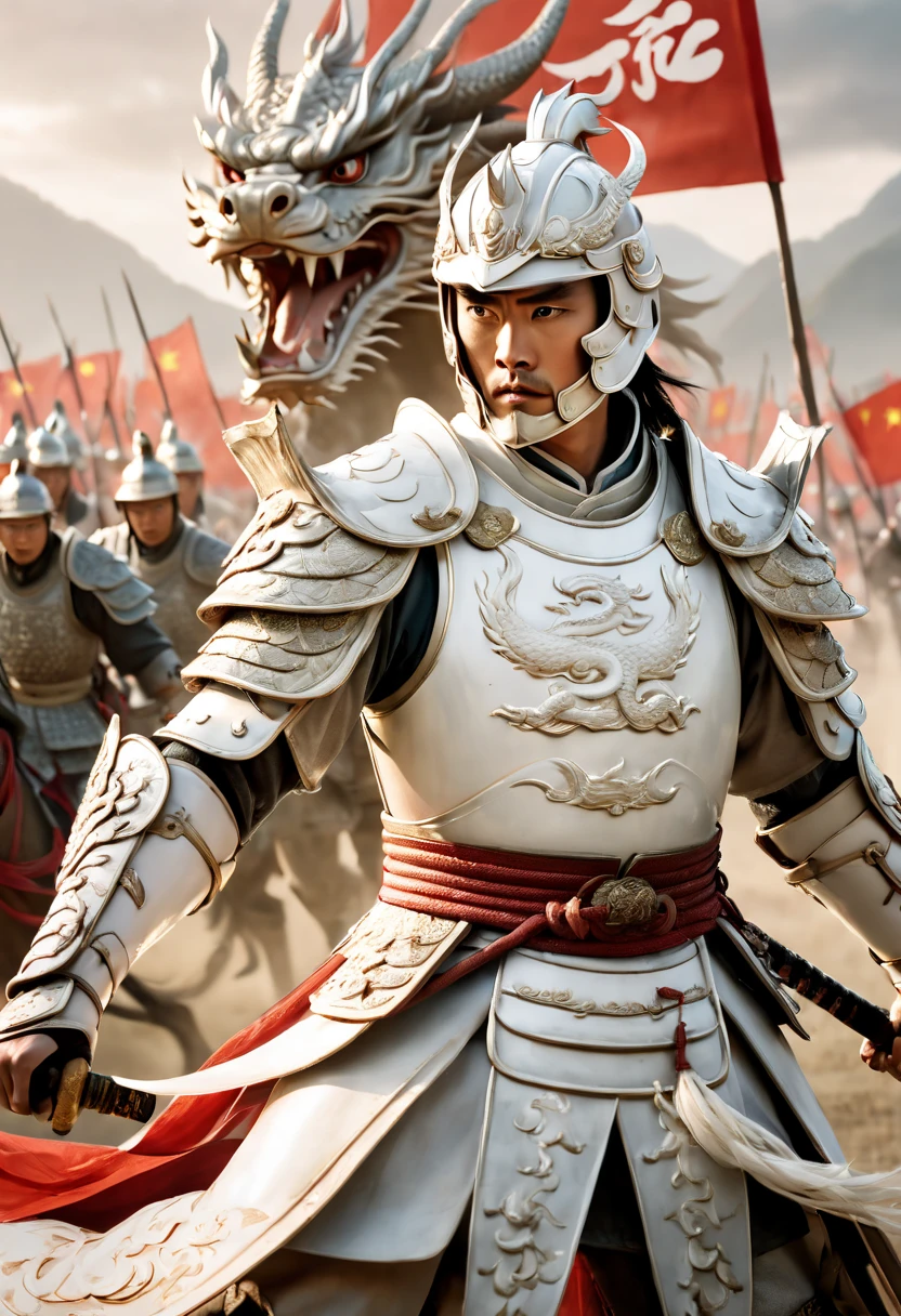 A Chinese general dressed in white armor stands on the battlefield,Looks like Eddie Peng Yuyan, handsome face，holding a white silver spear in his hand, fighting with action. The armor has a Chinese dragon pattern on it, and behind him there is also a Chinese white dragon flying. The background is an ancient Chinese battlefield, and the character faces the camera. The film light, panoramic shot, is very handsome. The composition is solemn and solemn, very realistic.