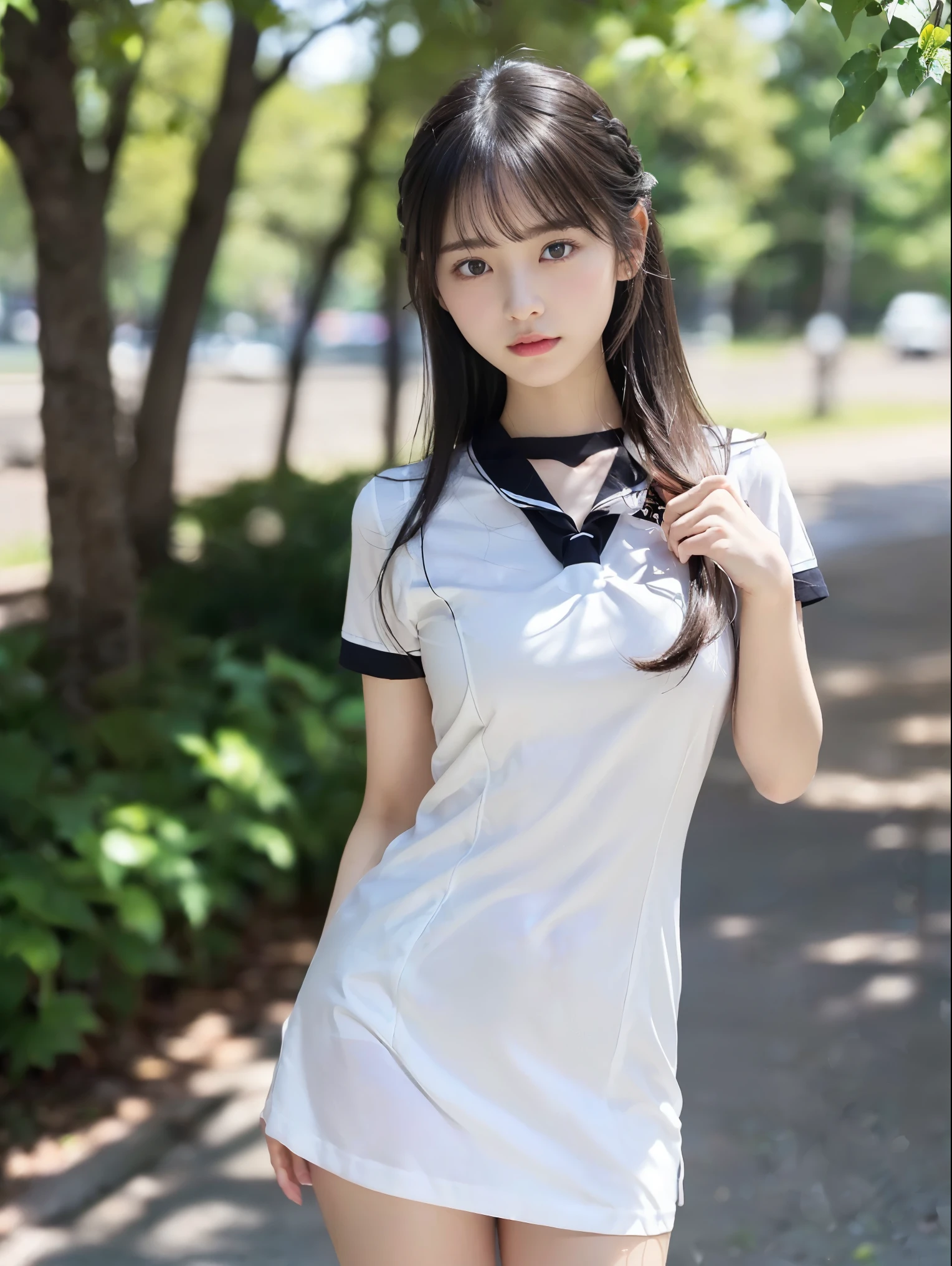 ((超絶リアルなhighest quality、Drawn details)、(Photographed from the front:1.4),(Center of gravity on one leg:1.9),(Stand upright:1.5),(Slender figure wearing summer uniform) ,(Close up of twin-tailed hair girl:1.3)、(realistic background:1.3)、(anatomically correct:1.3)、(full hand:1.3)、(full finger:1.3)、Photoreal、Raw photo、highest quality、high resolution、delicate and beautiful、perfect face、beautiful and fine eyes、Fair skin、real human skin、pores、((thin legs))、(black hair)