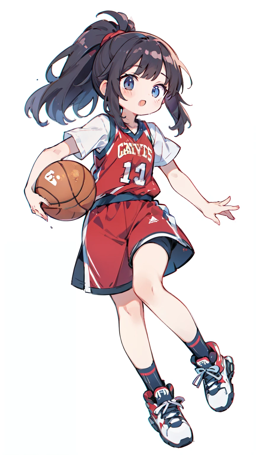 line art,Monotonous fill、6headed body、whole body、white background、Thicker lines、girl playing basketball