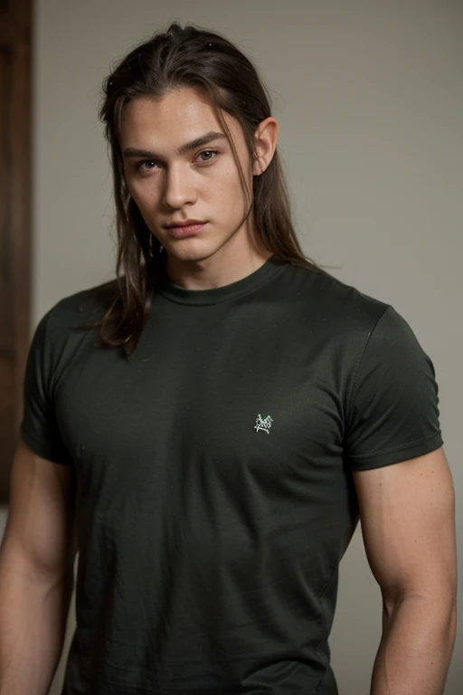 similar to Legolas Elf but with large dark brown eyes, black hair, green lose shirt, lean muscular , Male, tall height, tanned skin