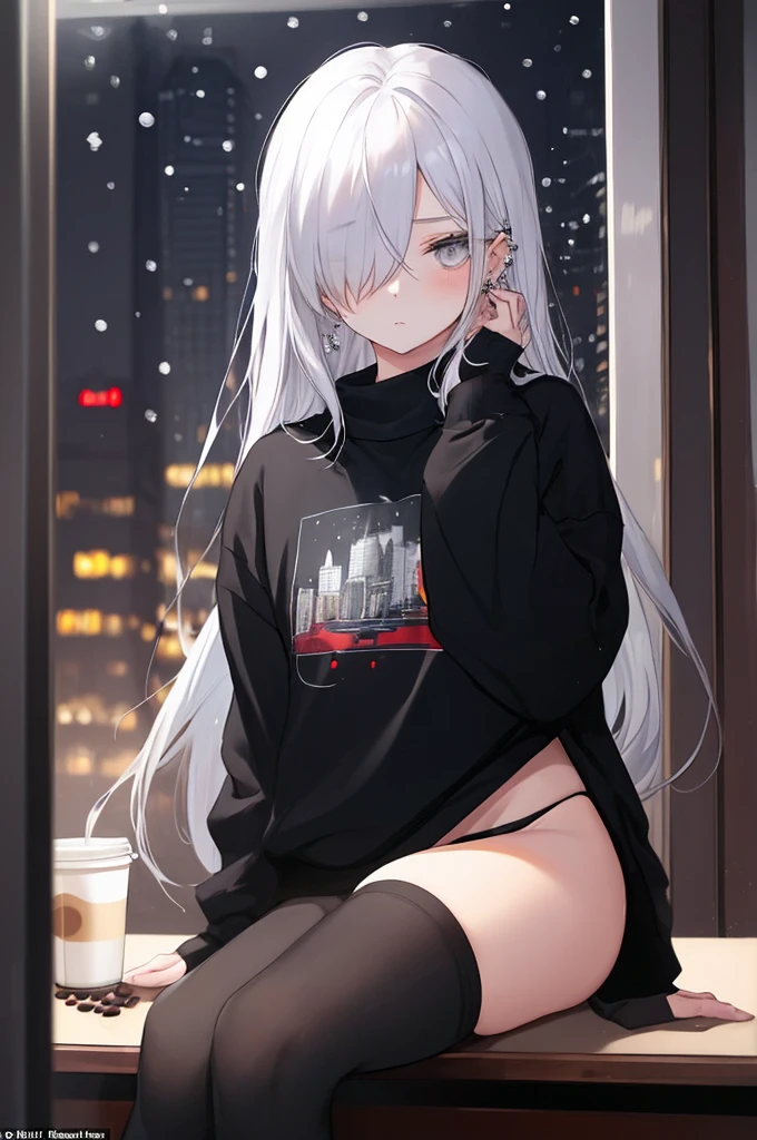 ((masterpiece:1.4, best quality:1.2)), 1girl, solo focus, beautiful skin, blush, black sweatshirt, long white hair, grey eyes, sitting, earrings, Hands on face, piercing, coffee shop window, night, snowing, cityscape, tall female, beautiful and delicate female, comfy ambience, {correct posing}, {detailed background}, I'm not wearing panties, hair over one eye, shy, Not wearing underwear, sexy