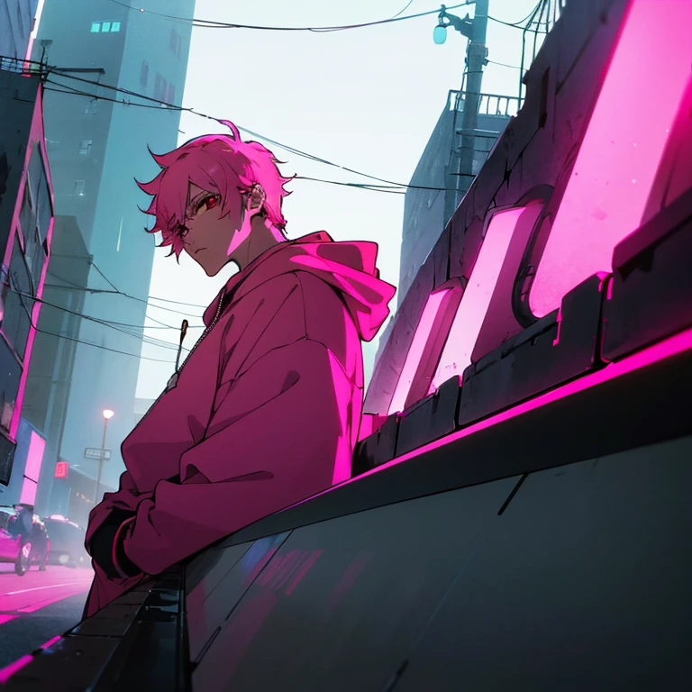 (top quality), (masterpiece), (Super detailed), (shortcut), (two block hair), (bright pink hair), (red eyes), (cool pose), (man wearing headphones), (oversized hoodie), (Street style), (neon), (modern city), (neonデイライト), (cinematic), (stylish), (High resolution), (hyper-detailed), (soft town), (Nightcore), (a handsome guy), (natural appearance of the building), (IG studio anime style), (Low - Angle), (looking at the camera), (visualize)