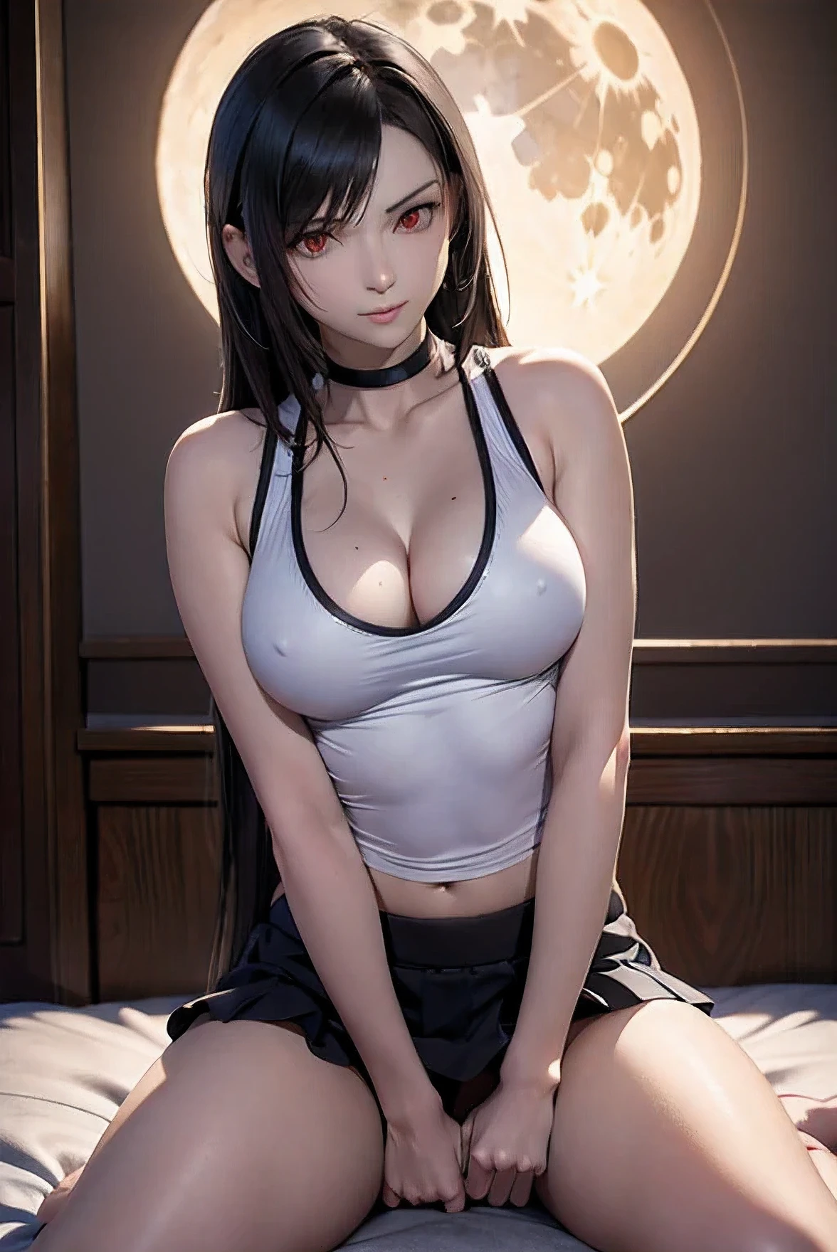 NSFW, white tank top with black trim and black skirt, black long hair, the girl has true red eyes, tifa lockhart, The girl is 16 years old, beautiful skin, realistic anime, anime realism style, Output in 8K, highest quality,Natural light, professional lighting, shiny skin, silky skin, lay tracing, moon crystal, Crystal Power, magic, Moonstones