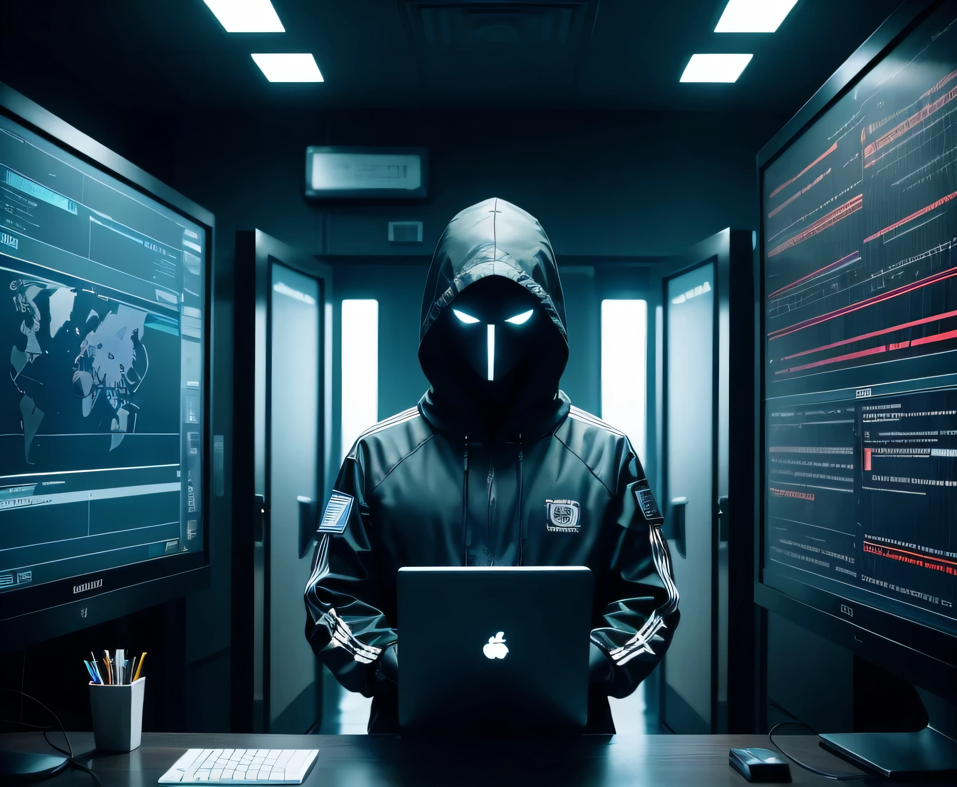 Insider threats in cybersecurity,illustration,cybercrime,cybersecurity experts,gloomy atmosphere,vibrant colors,glowing cyber codes,shadowy figures,encrypted files,Surveillance camera,theft prevention,computer servers,protecting sensitive data,firewalls,strict access controls,locked doors,secure network,high-tech surveillance,metallic textures,vulnerable system alerts,binary codes,security breach detection,identity theft prevention,cautionary symbols,meticulously detailed technology,forensic investigation,security wall,strong encryption algorithms,intense focus,anonymous hackers,monitoring software,secure login features,high-resolution and ultra-detailed,conceptual artwork,vivid color palette,advanced security protocols,realistic visualizations,visual metaphor of insider threats.