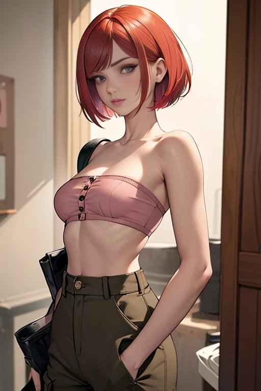 ((best quality)), ((masterpiece)), (detailed),High quality, Ultra detailed, best quality, insanely detailed, beautiful, masterpiece,
20s,Woman in pink,redhead,woman,short hair,shirt,cargo pants,bandeau,tube top,bob cut,fade cut