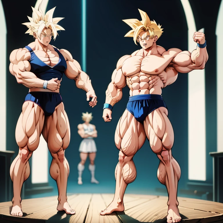 Anime-Stil , High quality full body image of Goku as a bodybuilder, ist&#39;Ich trage nur einen Tanga , ohne Schuhe, Feet, bare Feet, massive muscular body, huge muscular shoulders, Massive big biceps, defined muscular chest, brustmuskeln, Venen im Bizeps, Muskelbeine, massive muscular abs, Bizepsflex. posierend, Sie schwitzt, very muscular, The toned body shines in the spotlight, he is standing on a stage, much muscular sexy, Bodybuilding-Pose, menschlicher Aufzug, The strongest 