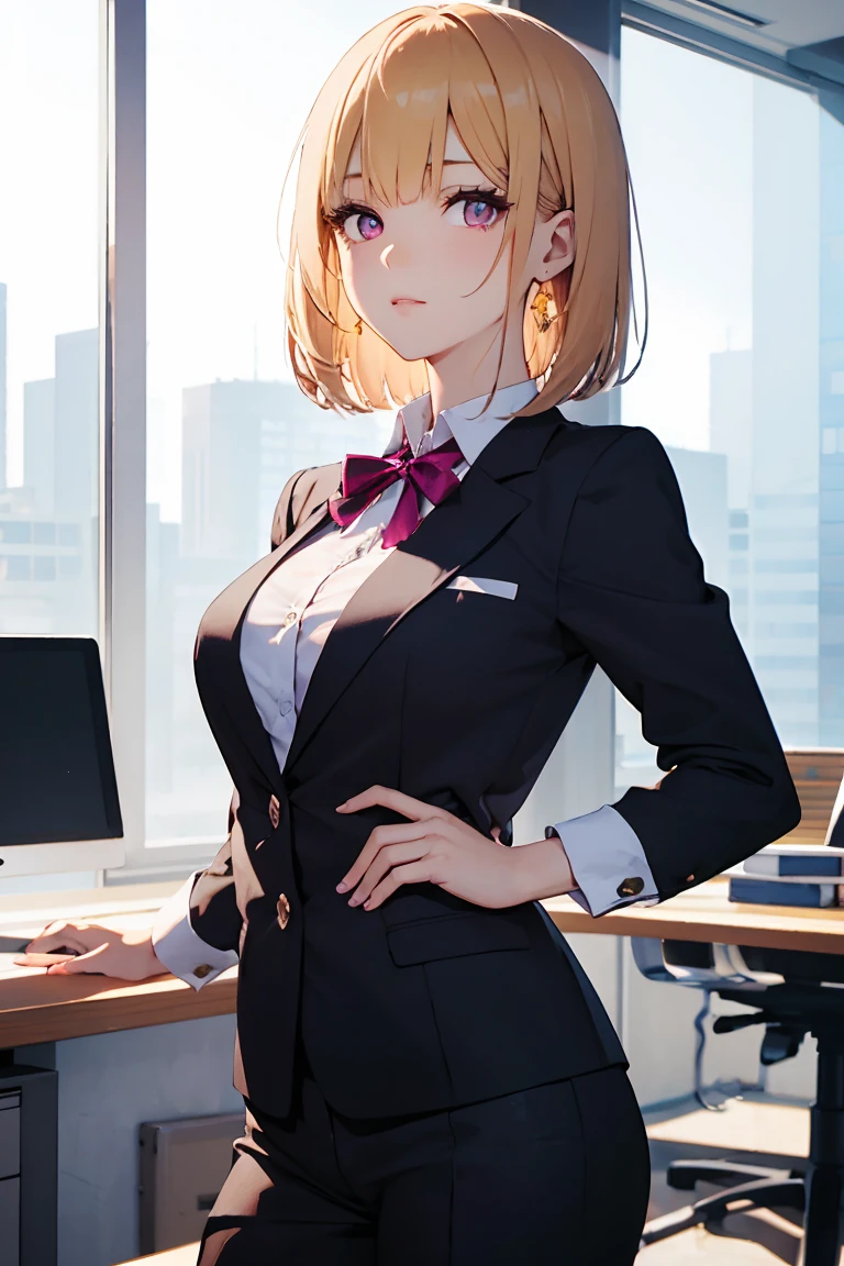 masterpiece, absurdres, best quality, ultra detailed, high Resolution, detailed illustration, extremely beautiful detailed face and eyes, Delicate beautiful face, bright colour, 1girl, cute face, magenta eyes, sparkling eyes, big eyes, , ( :1.1), (pointy :1.1), medium , glamorous body, white skin, happy, BREAK, long bob cut, (blonde hair:0.8), messy hair, detailed hair, shiny hair, BREAK business suit, tiny ribbon, meeting room, real world, natural lights, perfect lighting, 