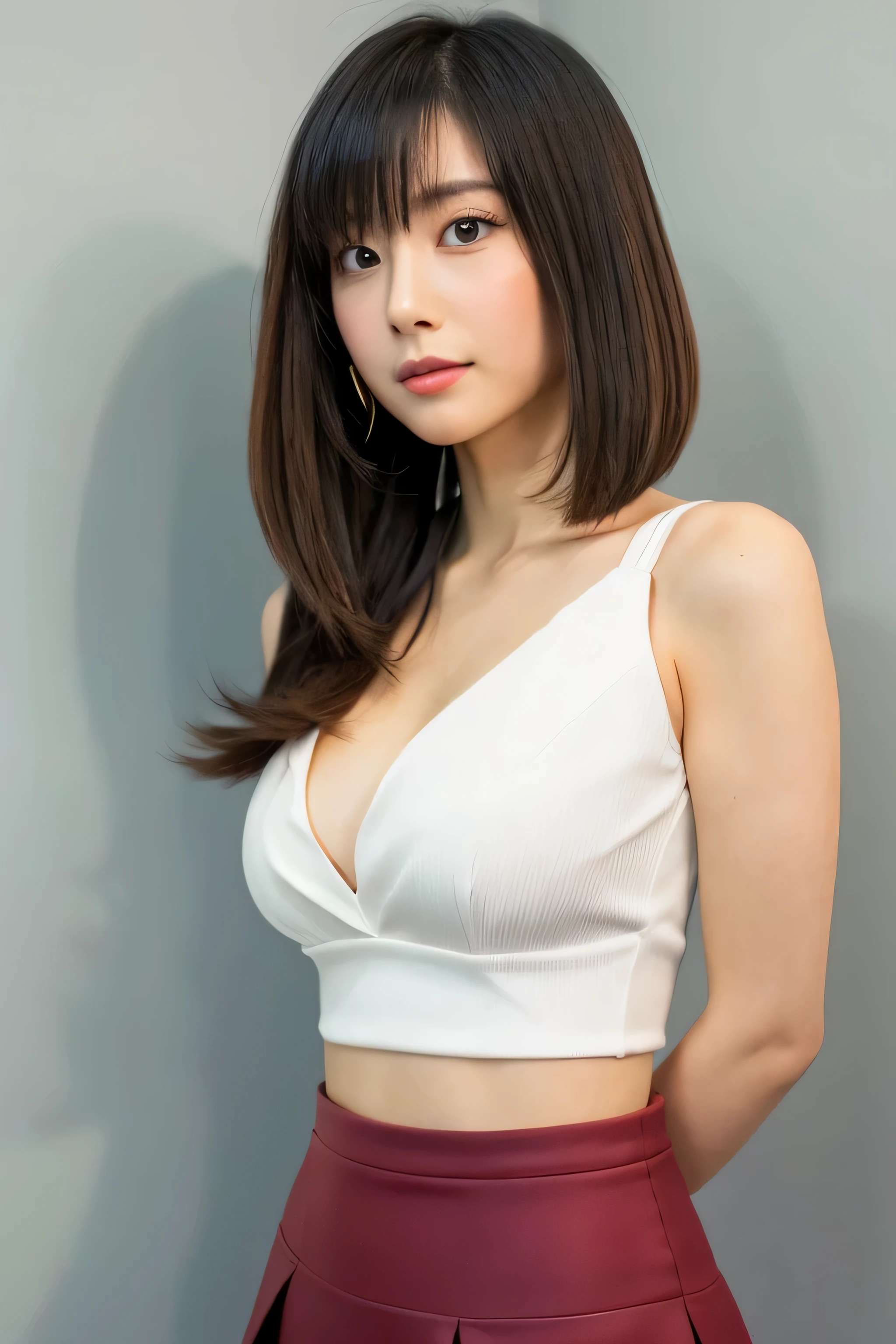 woman blouse Japanese Hair is a bob Asuka Kirara the corners of the mouth are raised sexy cleavage high nose skin luster Fair skin Big eyes facing forward no background white background small waist Tight Skirt gaze in front Black pin heels