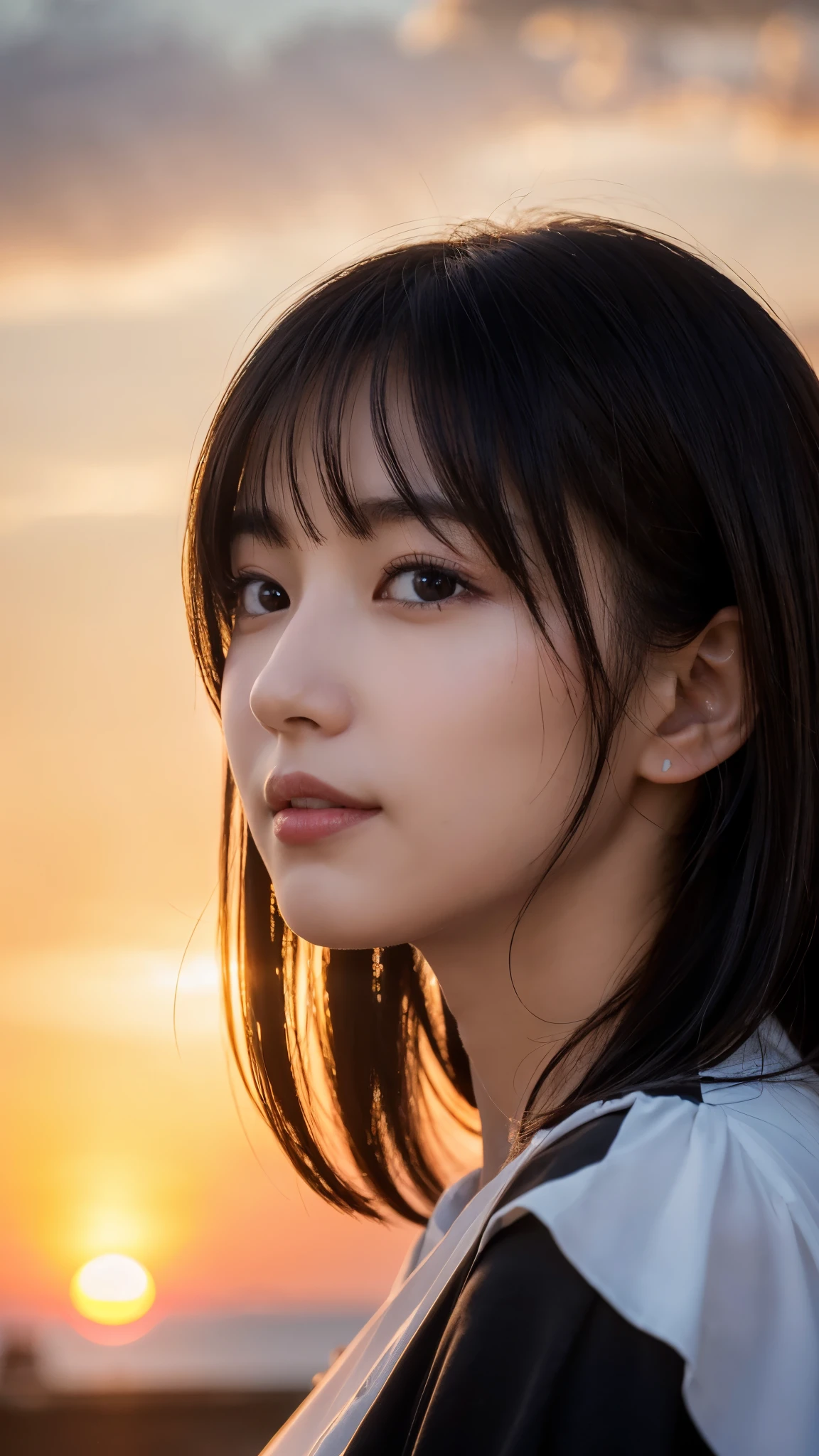 (highest quality,masterpiece:1.3,ultra high resolution),(Super detailed,caustics,8k),(photorealistic:1.4,RAW shooting),[lora:siitake-eye:0.5],(low position),(side shot:1.1),(Landscape),(profile),Japanese,28 years old,cute,smile,(Black hair fluttering in the wind:1.2),Middle hair,(big ),white blouse,(face focus),(Face close-up),(bust up shot),(sunset sky),soft light,Natural light,professional writing