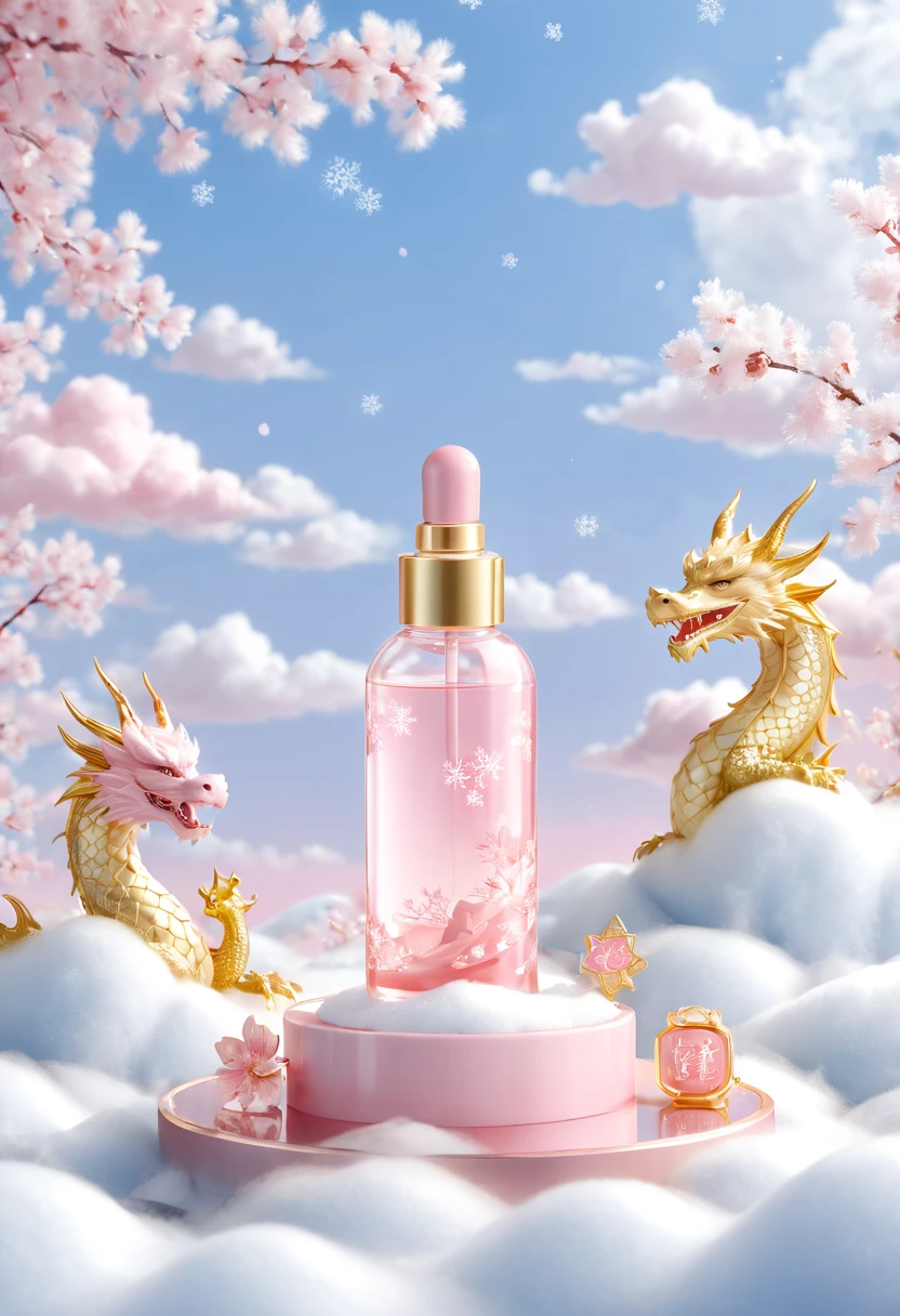 A bottle of white cylindrical skin care product placed in a snowflake, Dragon sleeping on clouds, translucent glasszbrush,Sakura and gold style, anime aestheticsfurry art, pink , elaborate, 3d,c4drendering,8k, super high detail